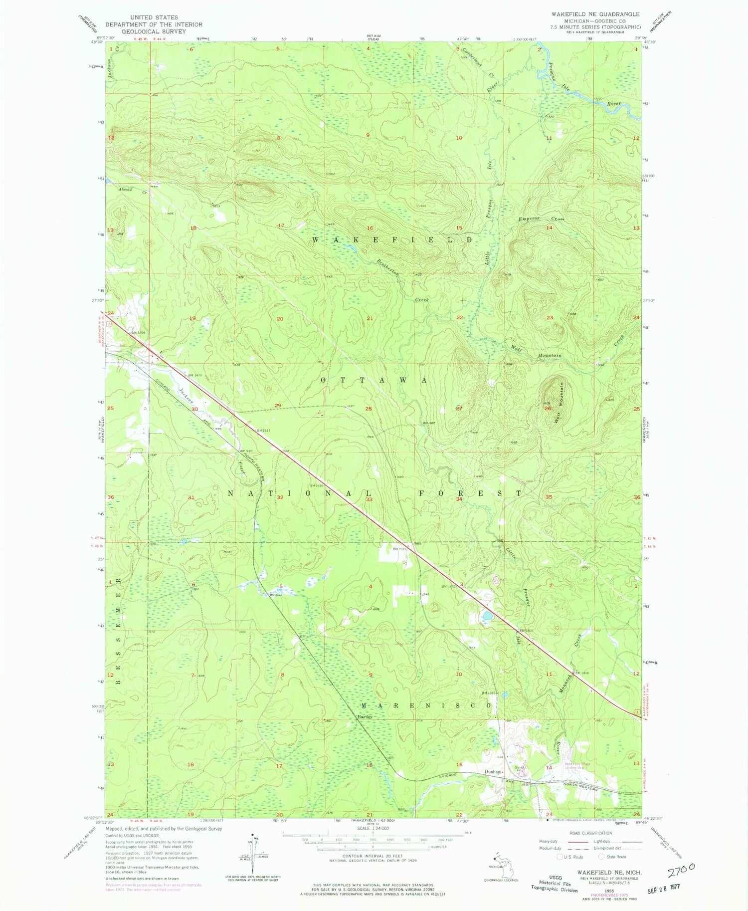 Classic USGS Wakefield NE Michigan 7.5'x7.5' Topo Map Image