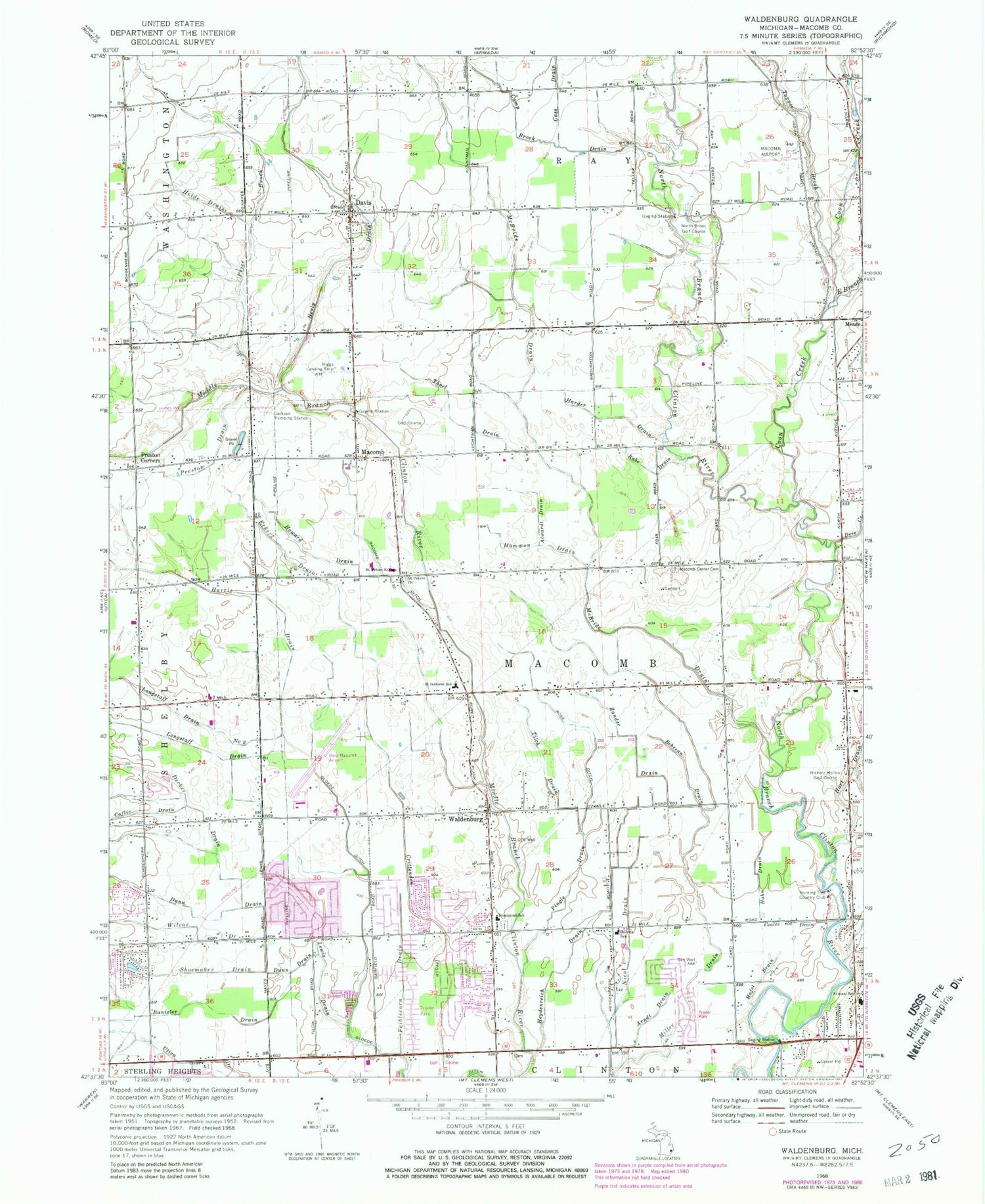 Classic USGS Waldenburg Michigan 7.5'x7.5' Topo Map Image