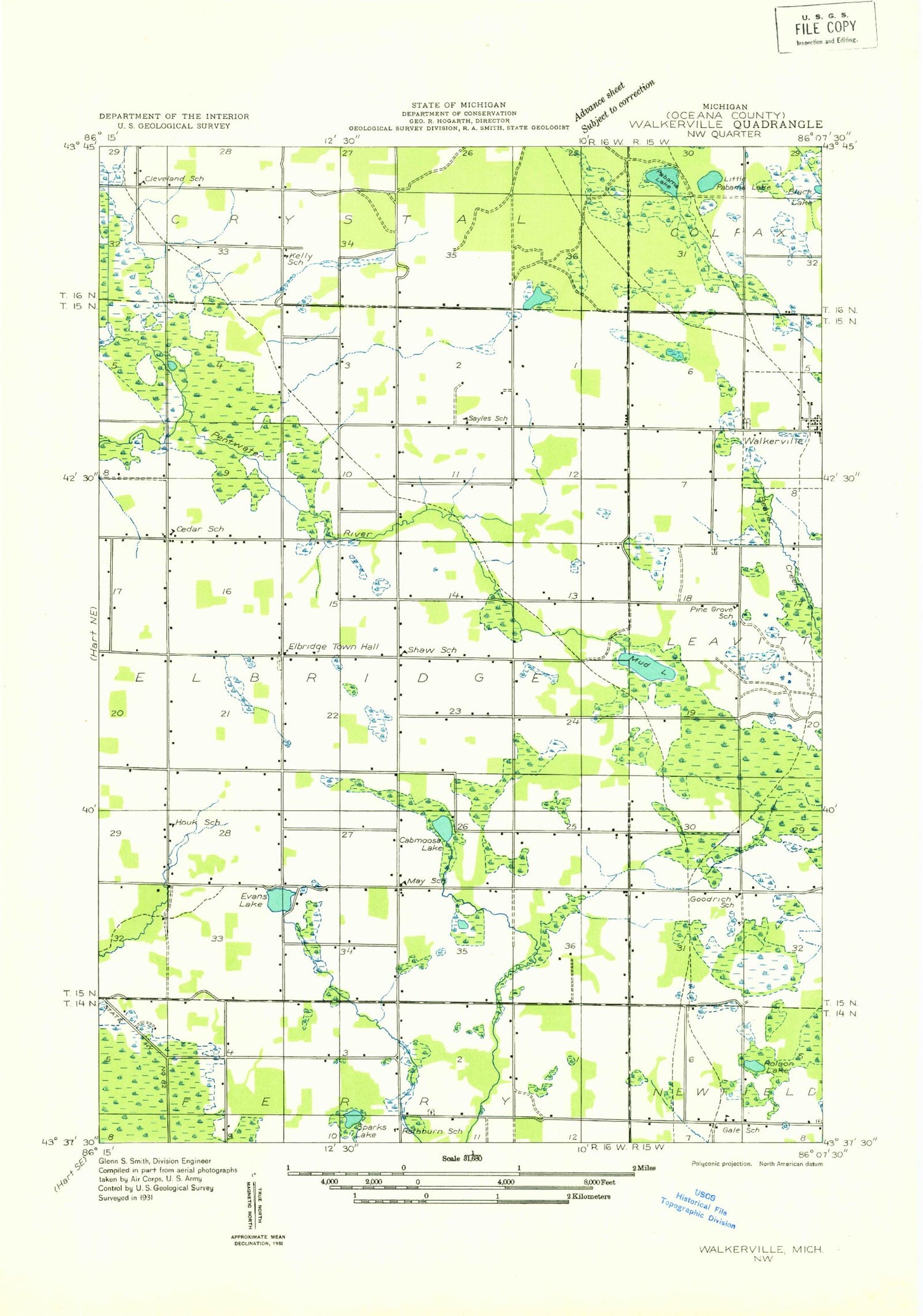 Classic USGS Walkerville West Michigan 7.5'x7.5' Topo Map Image