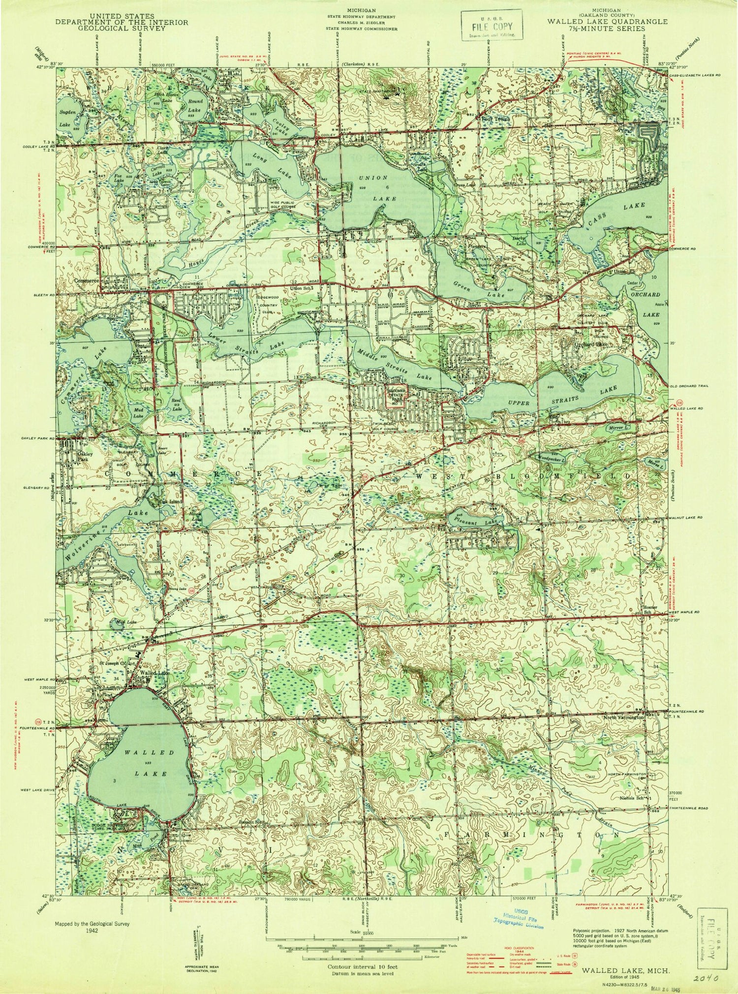Classic USGS Walled Lake Michigan 7.5'x7.5' Topo Map Image