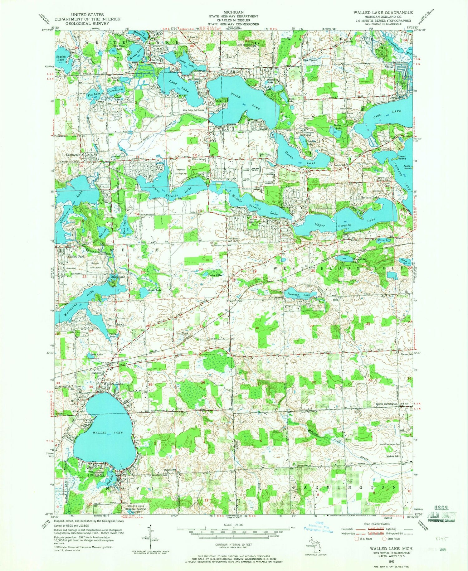 Classic USGS Walled Lake Michigan 7.5'x7.5' Topo Map Image