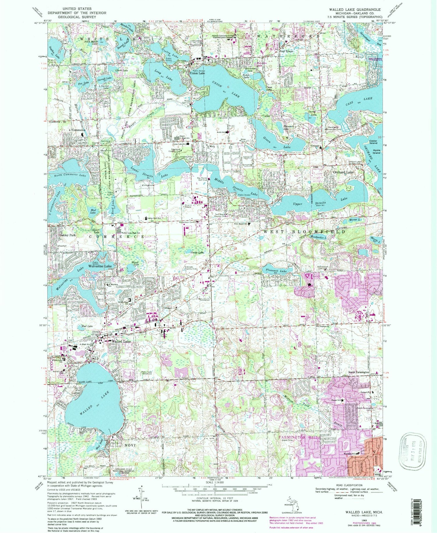 Classic USGS Walled Lake Michigan 7.5'x7.5' Topo Map Image