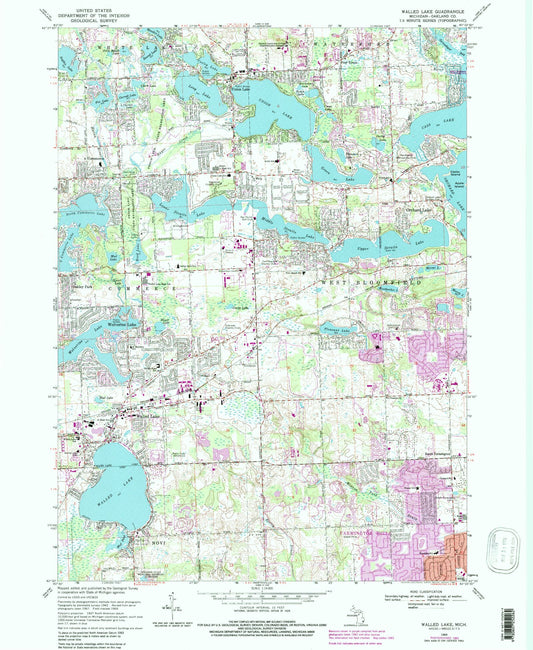 Classic USGS Walled Lake Michigan 7.5'x7.5' Topo Map Image
