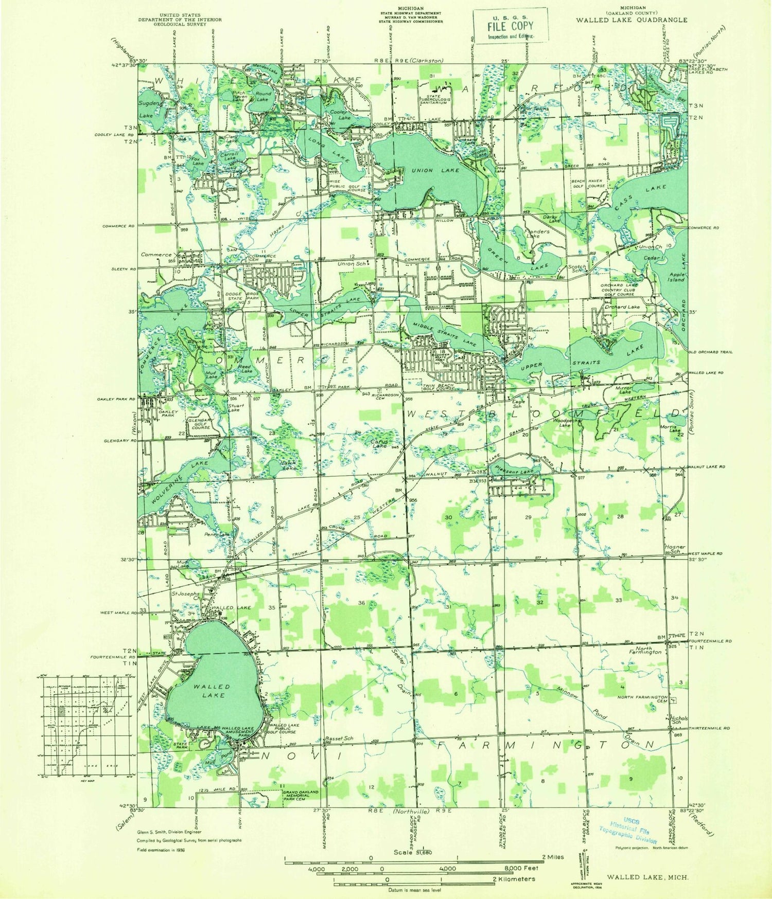 Classic USGS Walled Lake Michigan 7.5'x7.5' Topo Map Image