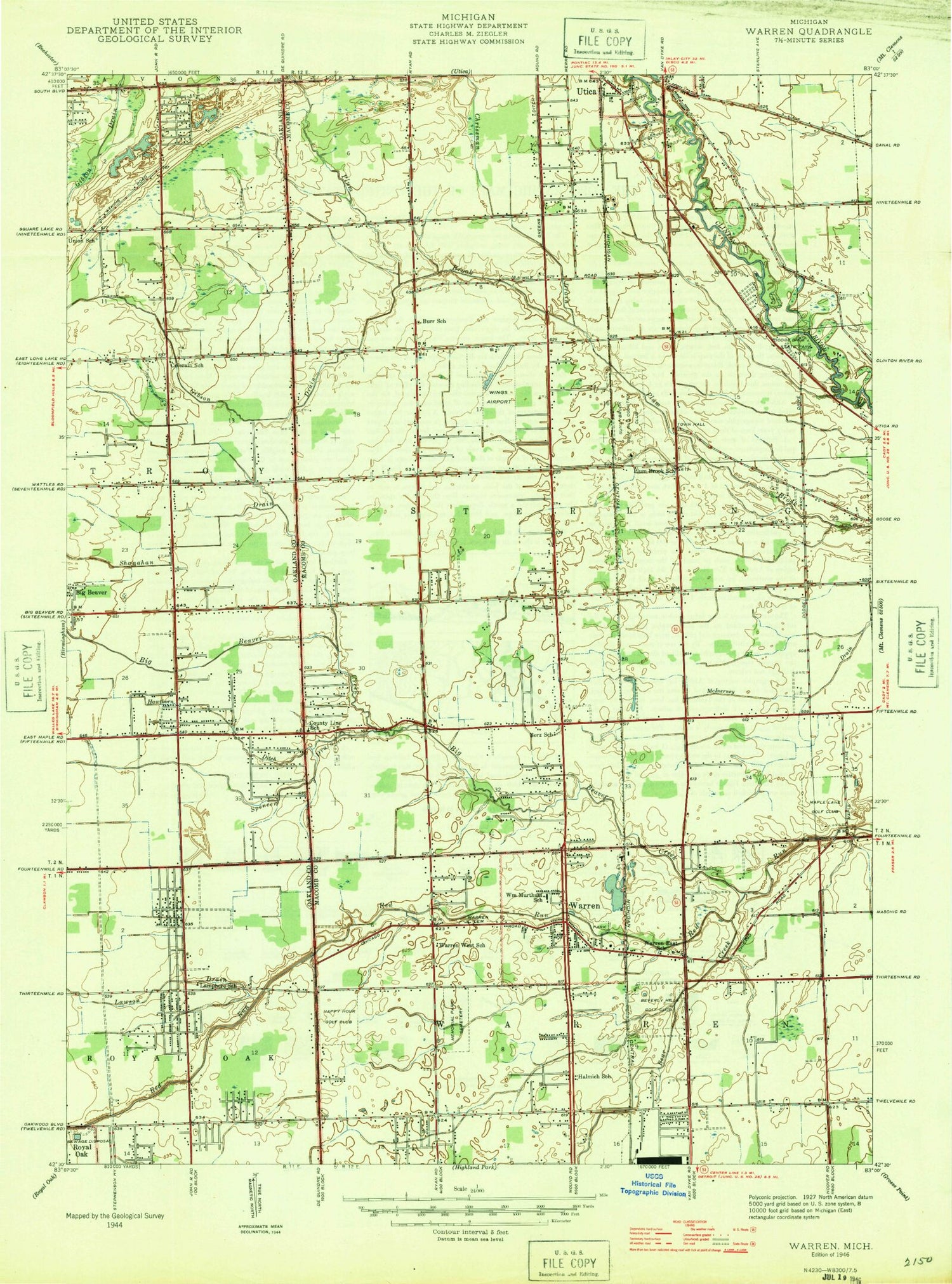 Classic USGS Warren Michigan 7.5'x7.5' Topo Map Image