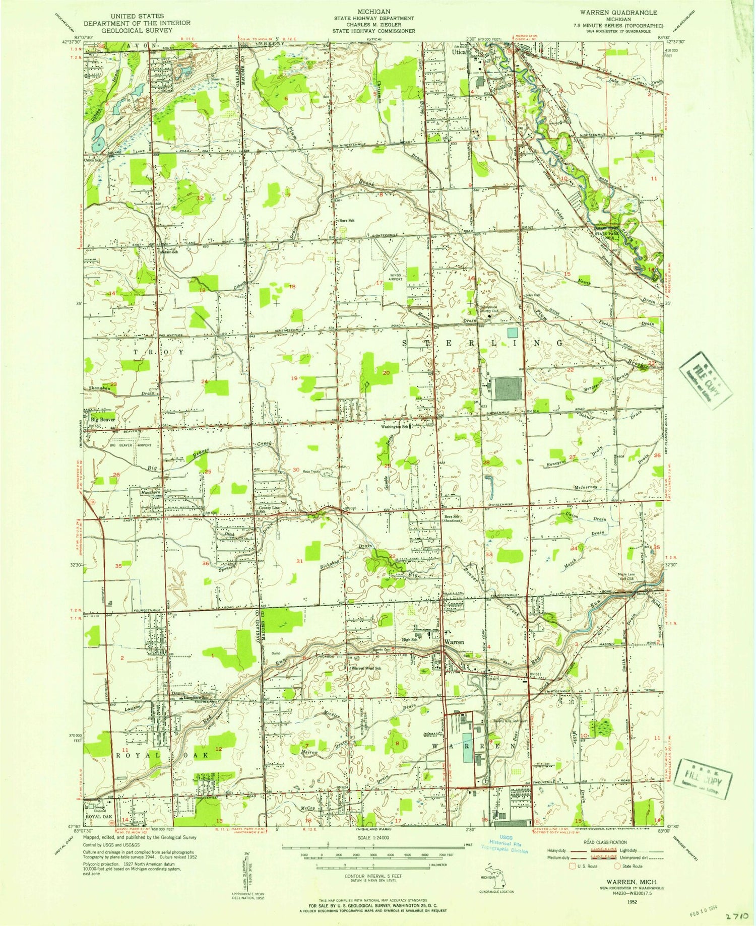 Classic USGS Warren Michigan 7.5'x7.5' Topo Map Image