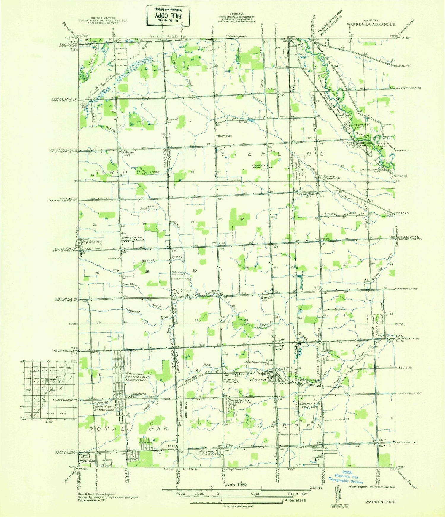 Classic USGS Warren Michigan 7.5'x7.5' Topo Map Image