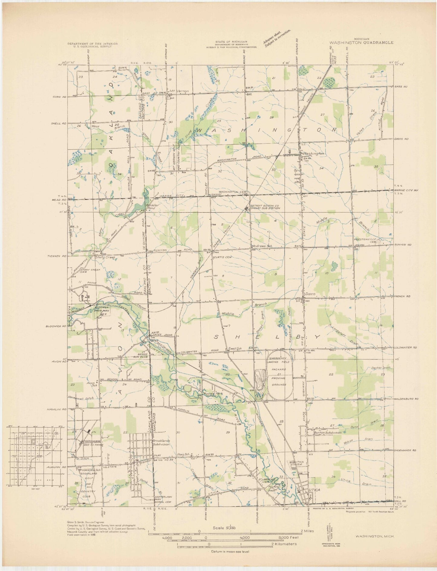 Classic USGS Utica Michigan 7.5'x7.5' Topo Map Image