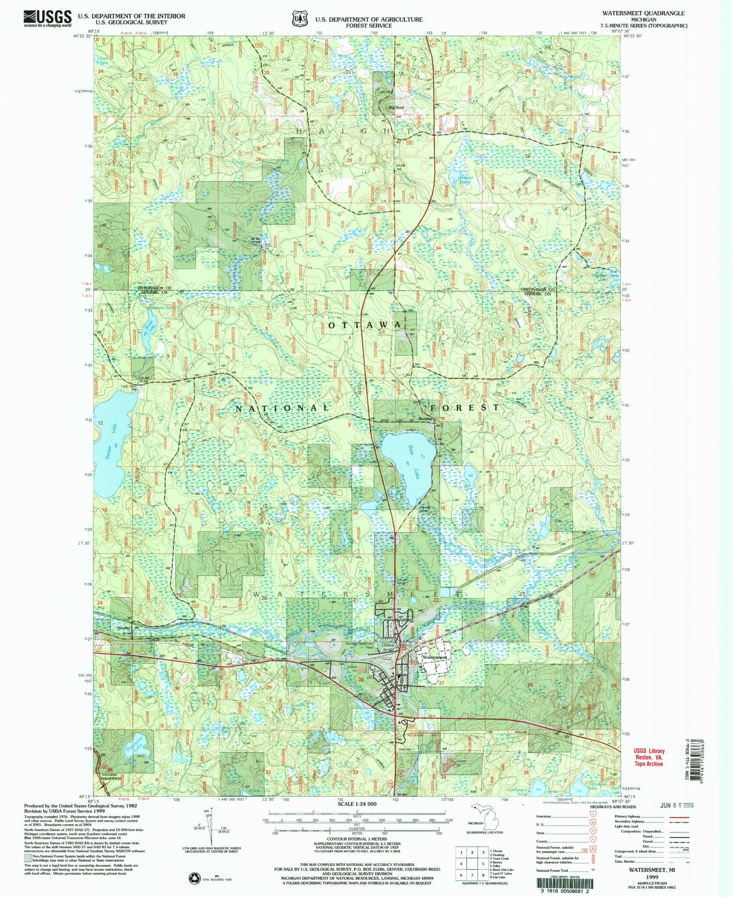 Classic USGS Watersmeet Michigan 7.5'x7.5' Topo Map Image