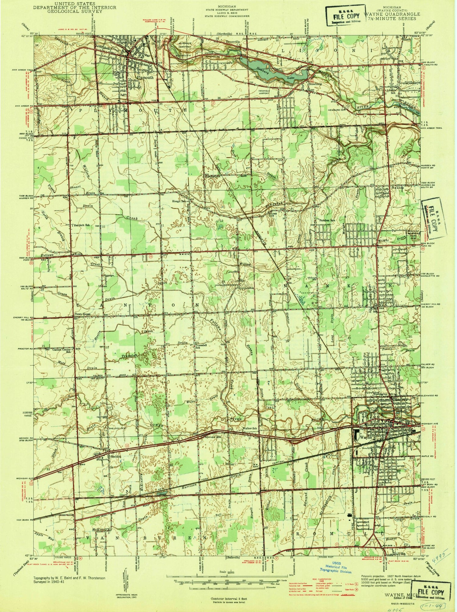 Classic USGS Wayne Michigan 7.5'x7.5' Topo Map Image