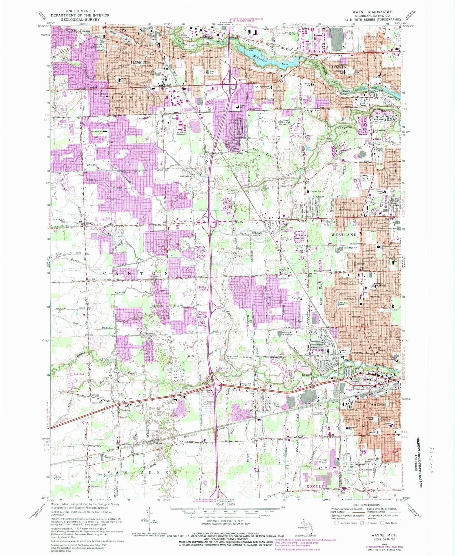 Classic USGS Wayne Michigan 7.5'x7.5' Topo Map Image
