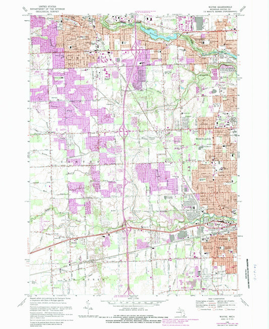 Classic USGS Wayne Michigan 7.5'x7.5' Topo Map Image