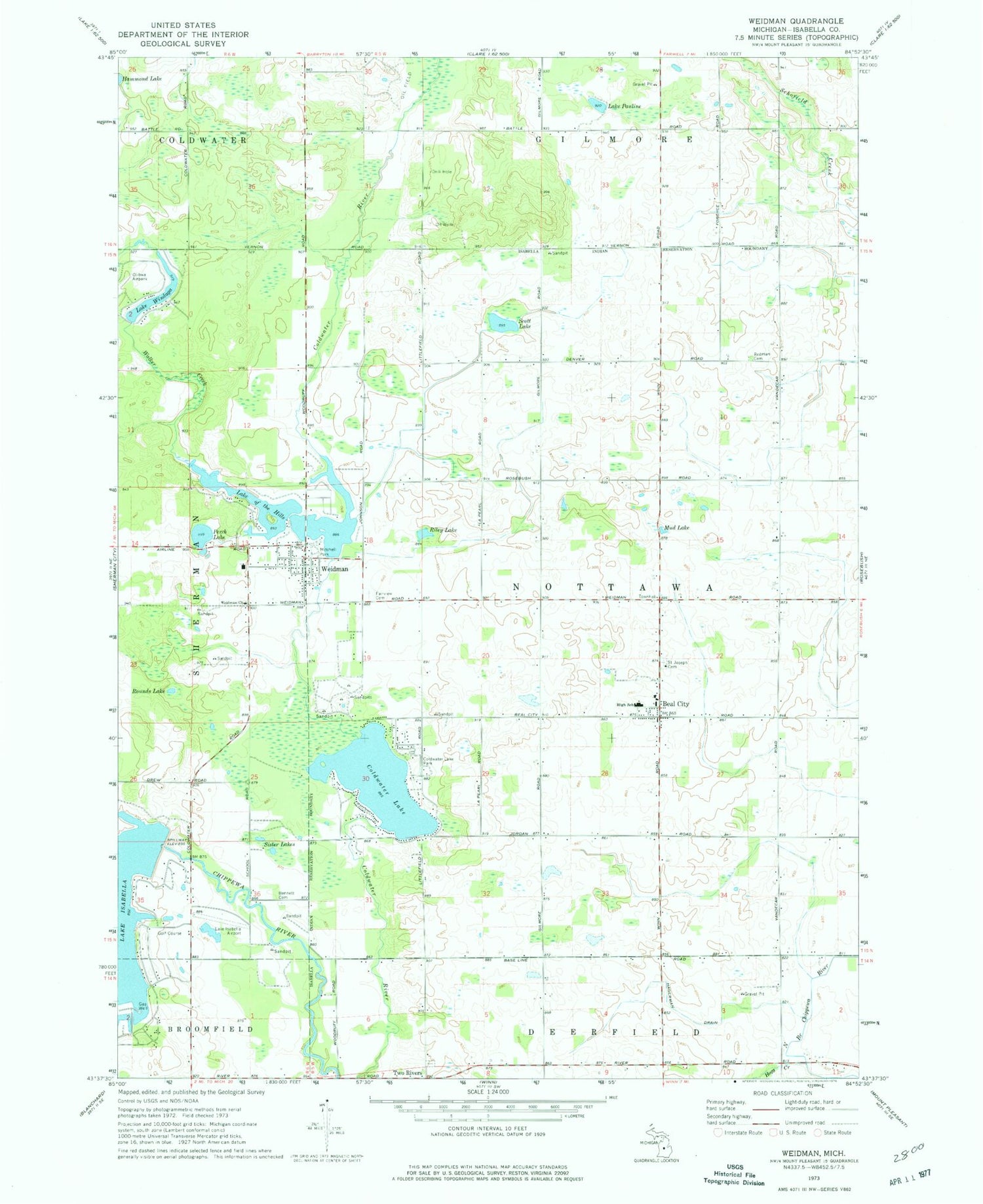 Classic USGS Weidman Michigan 7.5'x7.5' Topo Map Image