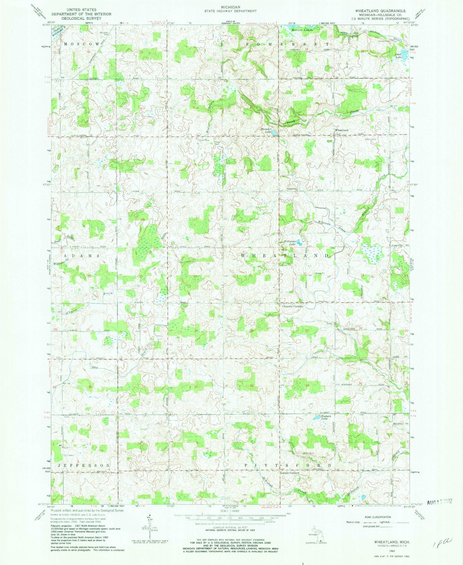 Classic USGS Wheatland Michigan 7.5'x7.5' Topo Map Image