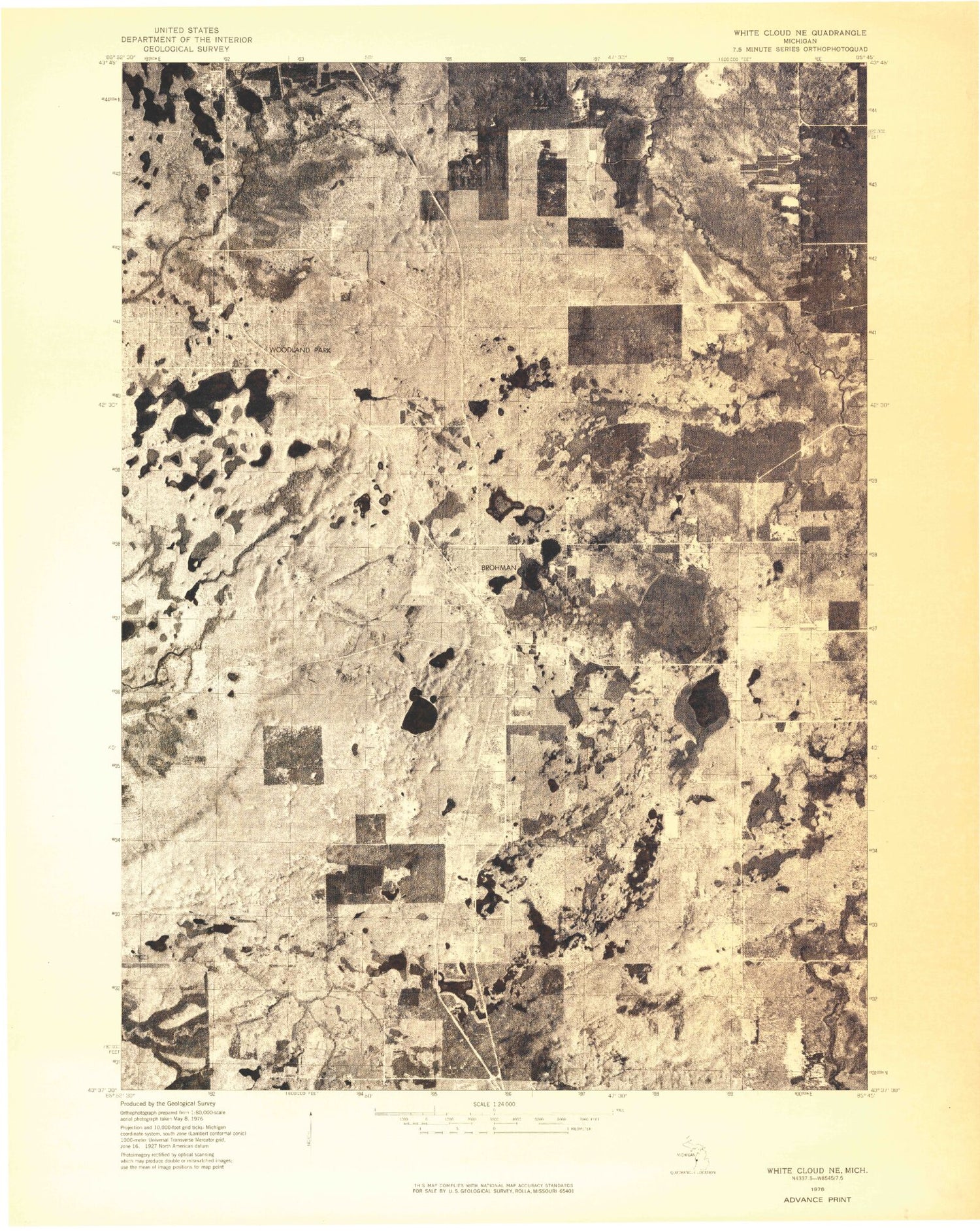 Classic USGS Woodland Park Michigan 7.5'x7.5' Topo Map Image