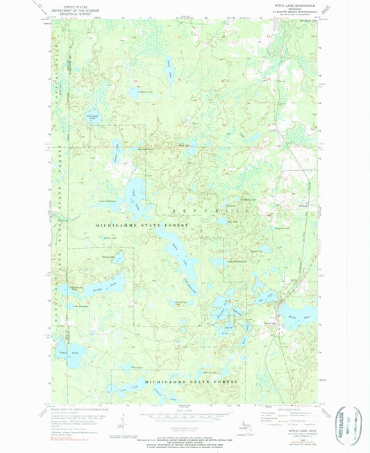 Classic USGS Witch Lake Michigan 7.5'x7.5' Topo Map Image