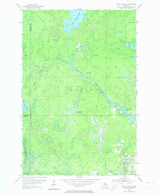 Classic USGS Witch Lake NE Michigan 7.5'x7.5' Topo Map Image