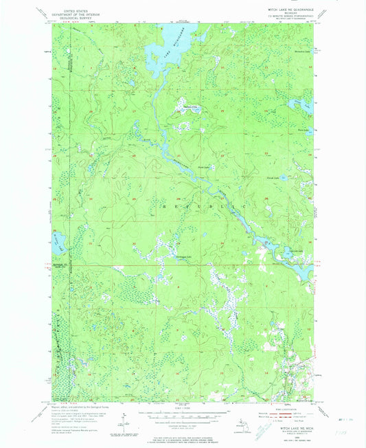 Classic USGS Witch Lake NE Michigan 7.5'x7.5' Topo Map Image