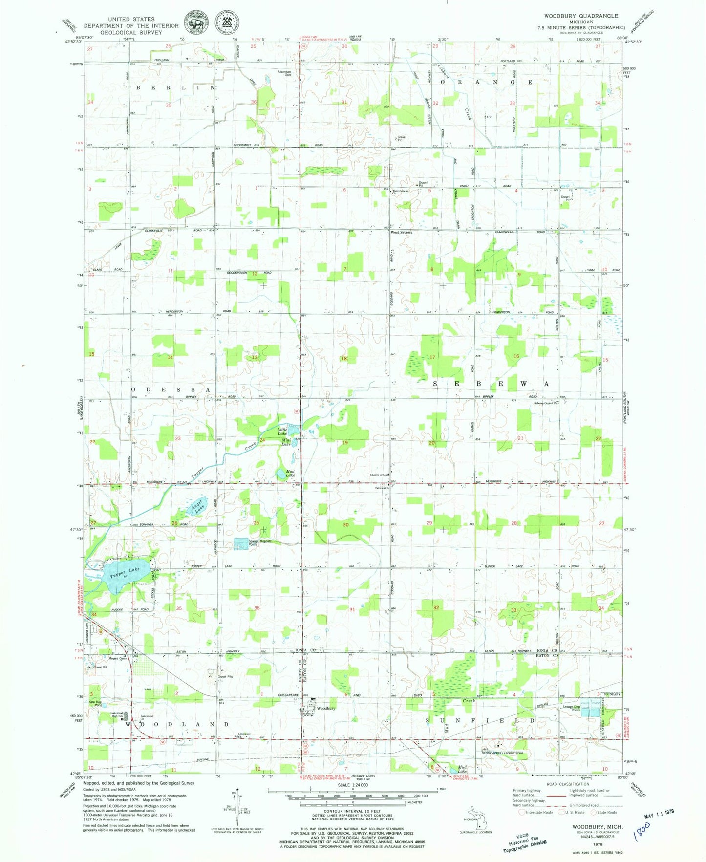 Classic USGS Woodbury Michigan 7.5'x7.5' Topo Map Image