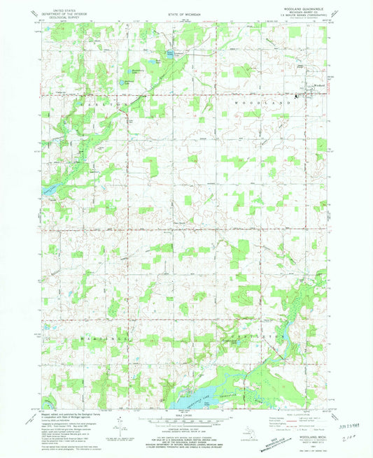 Classic USGS Woodland Michigan 7.5'x7.5' Topo Map Image
