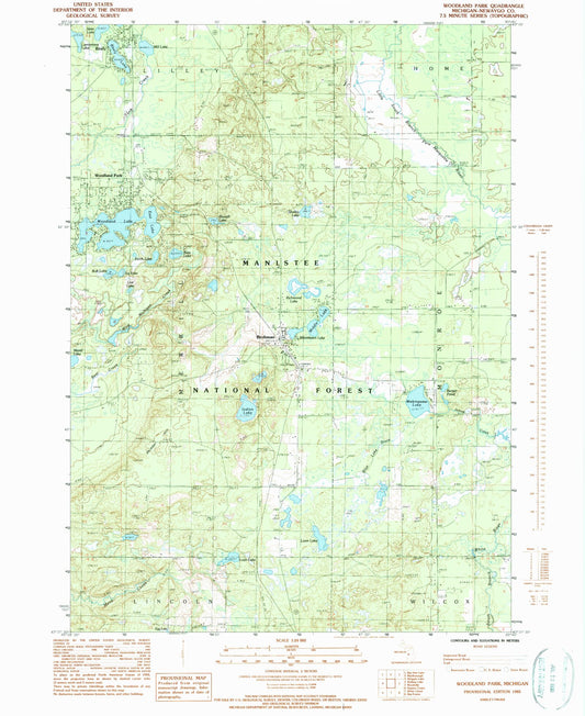 Classic USGS Woodland Park Michigan 7.5'x7.5' Topo Map Image