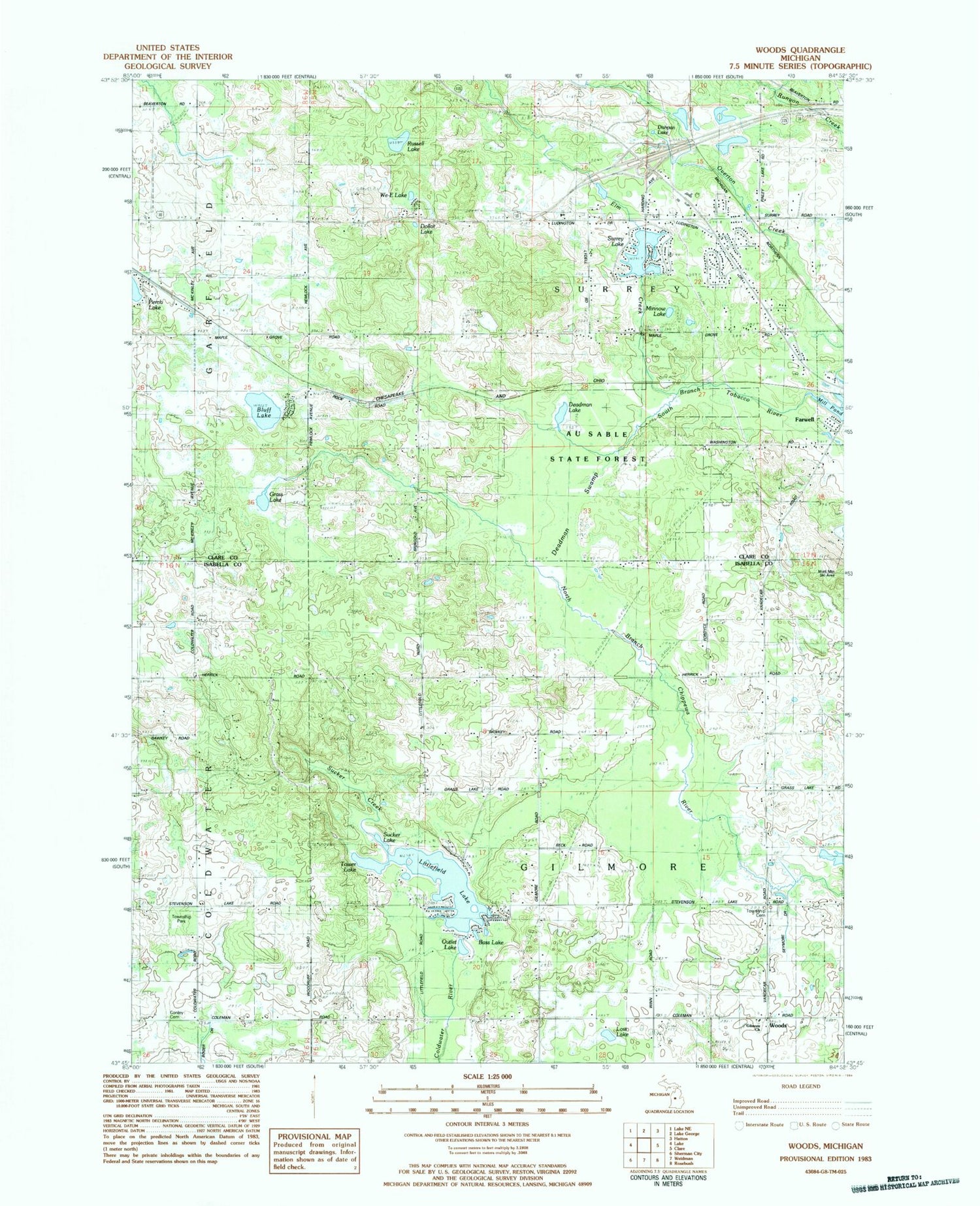 Classic USGS Woods Michigan 7.5'x7.5' Topo Map Image