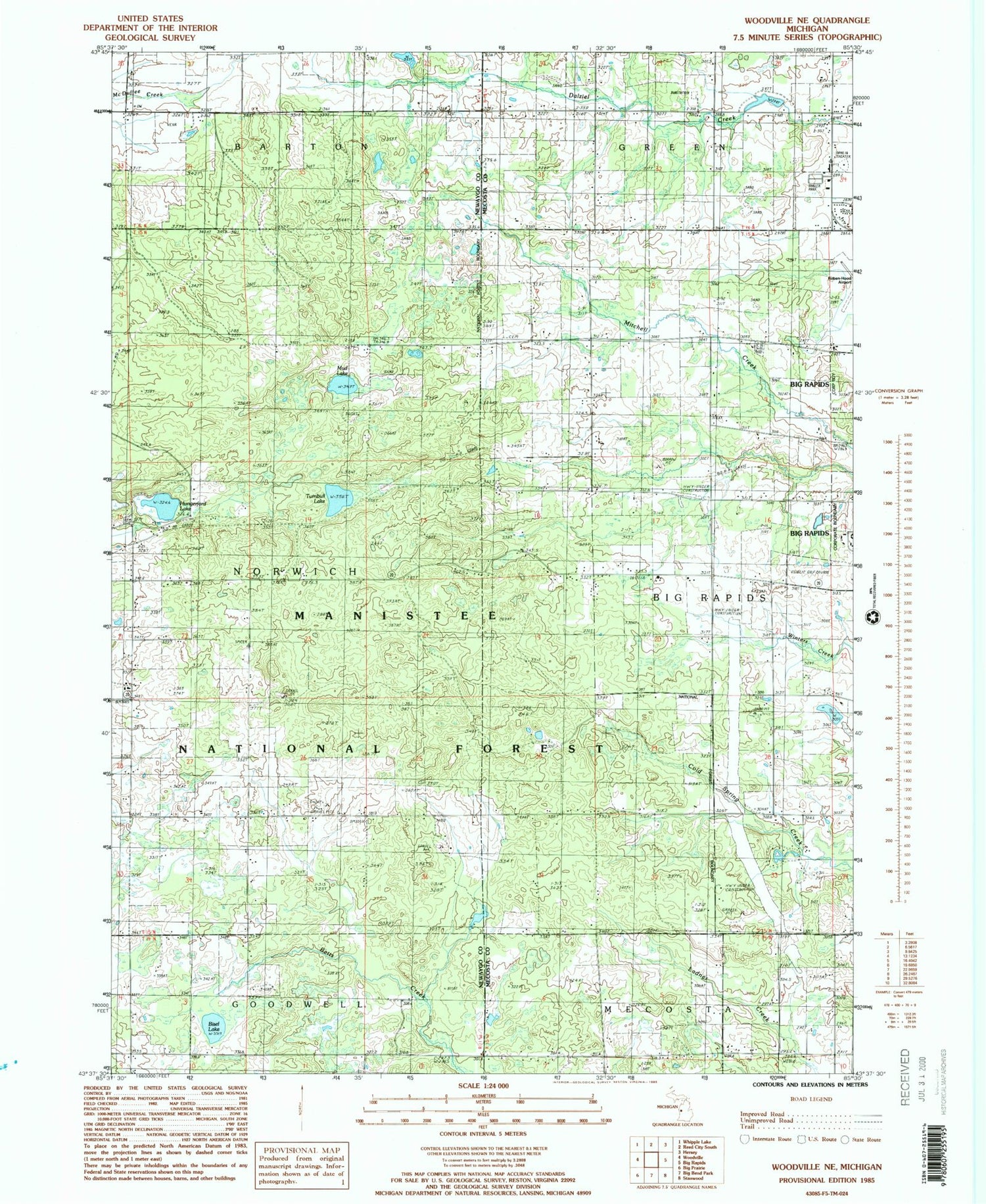 Classic USGS Woodville NE Michigan 7.5'x7.5' Topo Map Image