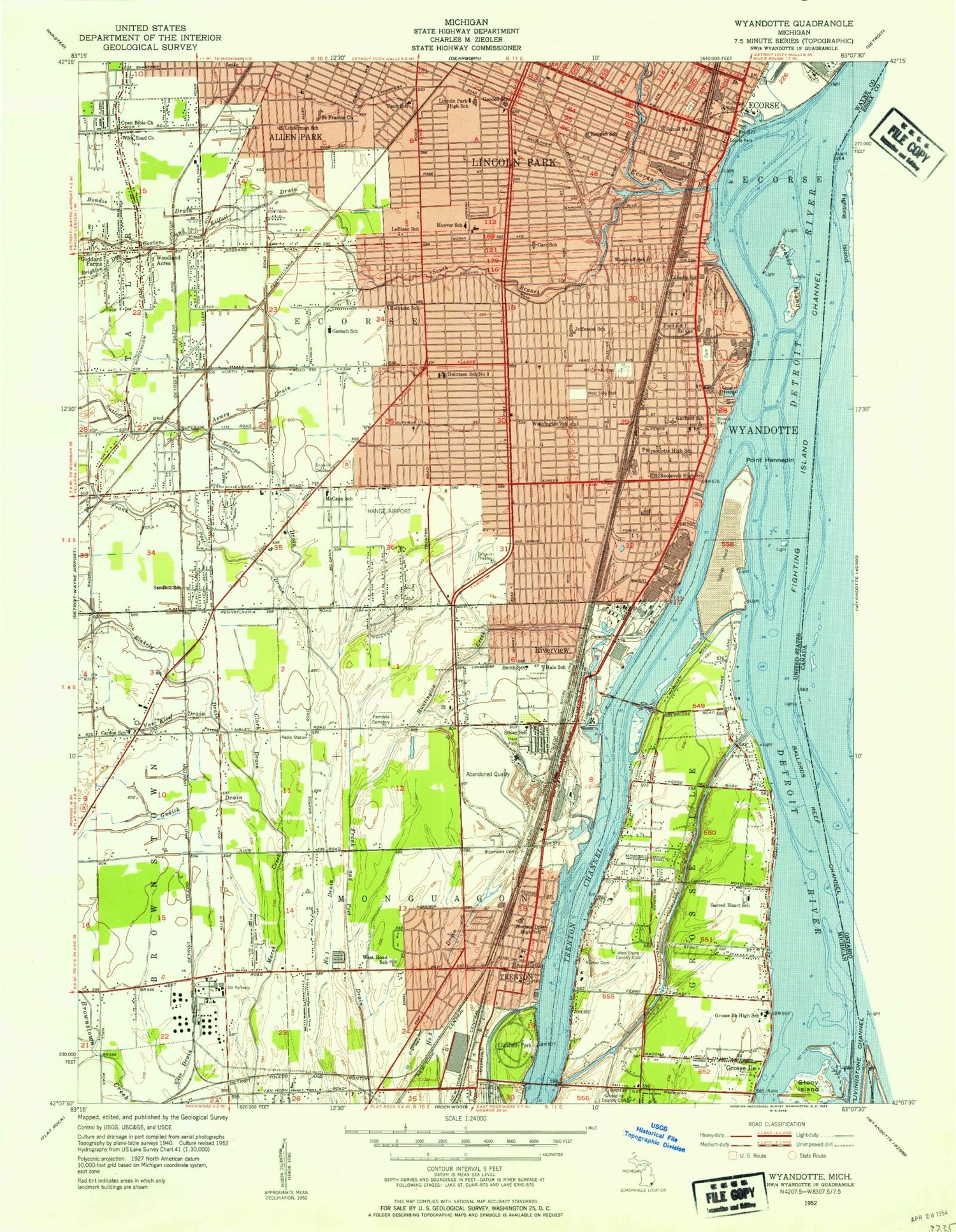 Classic USGS Wyandotte Michigan 7.5'x7.5' Topo Map Image
