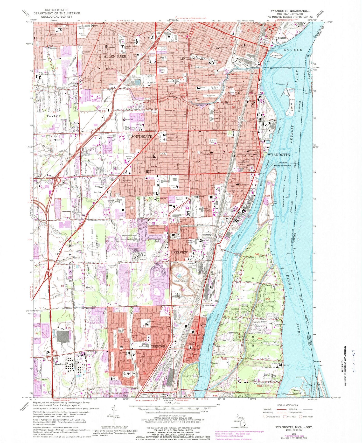 Classic USGS Wyandotte Michigan 7.5'x7.5' Topo Map Image