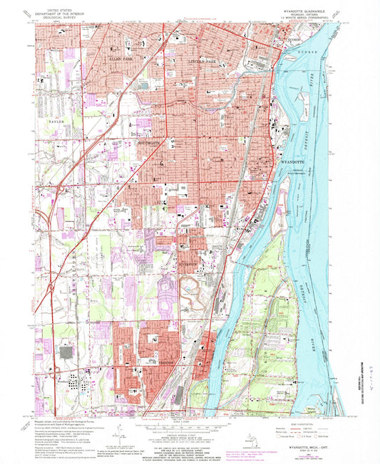 Classic USGS Wyandotte Michigan 7.5'x7.5' Topo Map Image