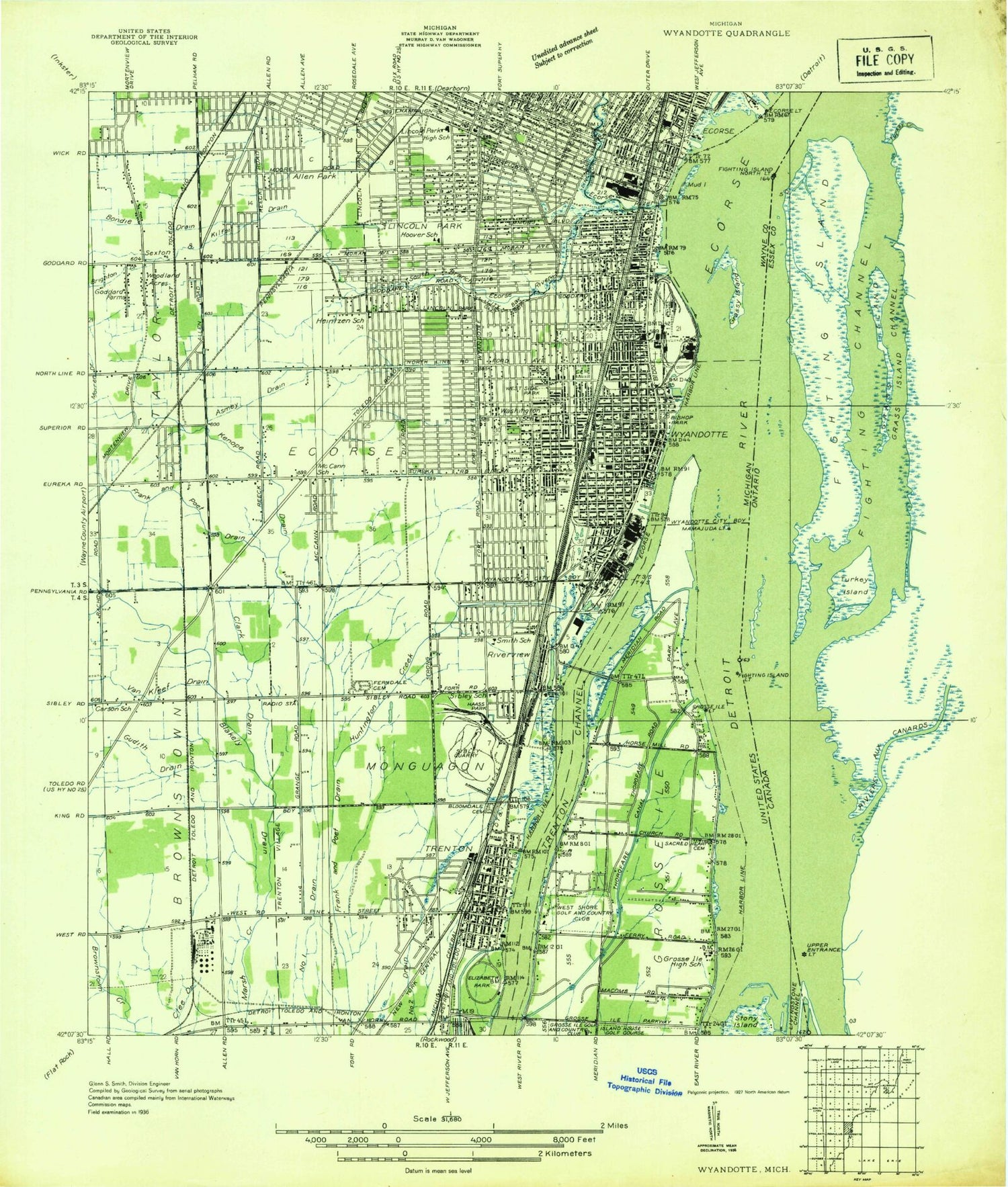 Classic USGS Wyandotte Michigan 7.5'x7.5' Topo Map Image