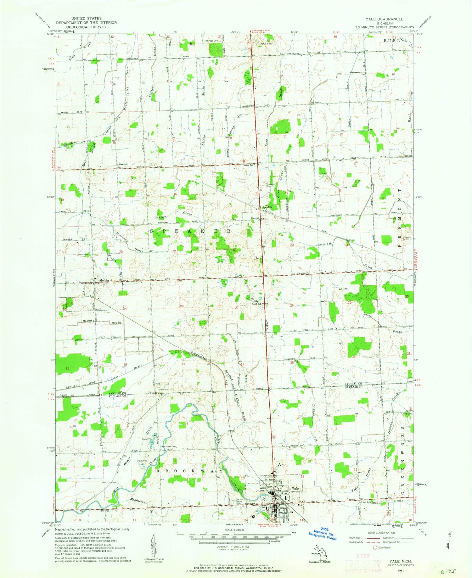 Classic USGS Yale Michigan 7.5'x7.5' Topo Map Image