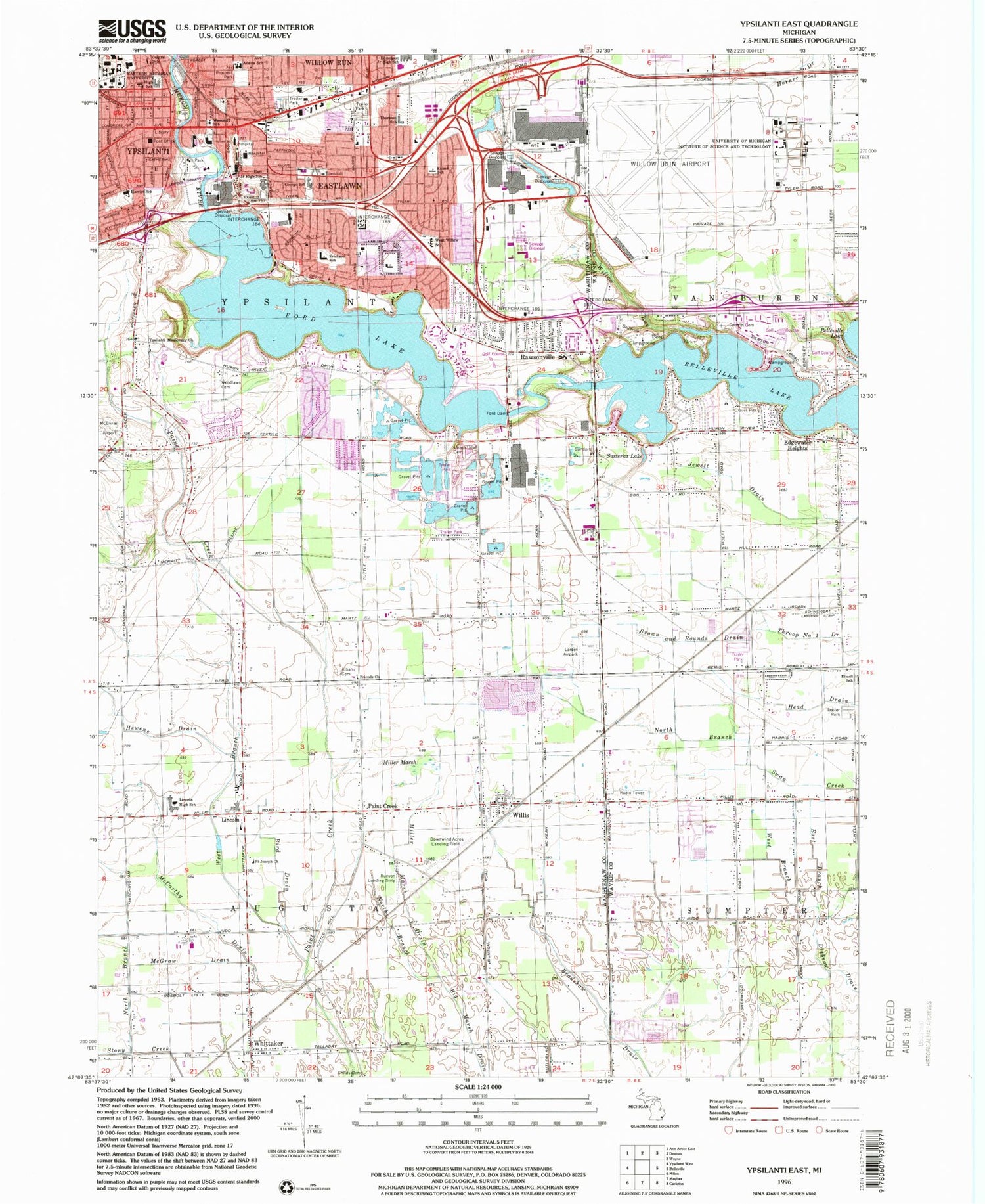 Classic USGS Ypsilanti East Michigan 7.5'x7.5' Topo Map Image