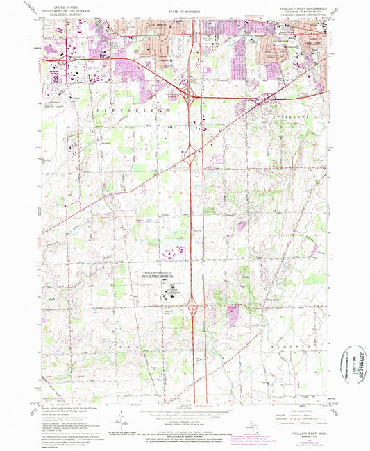Classic USGS Ypsilanti West Michigan 7.5'x7.5' Topo Map Image