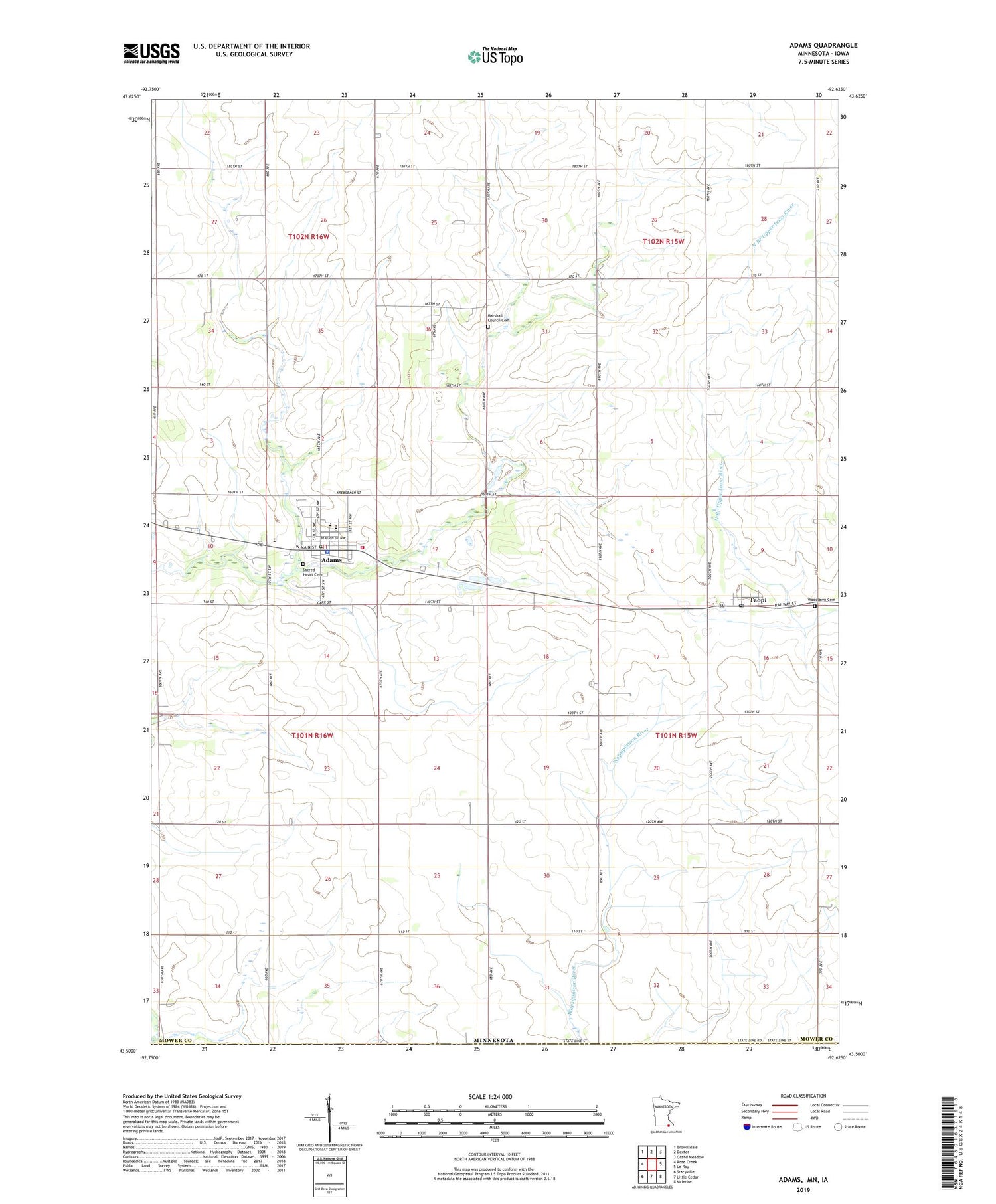 Adams Minnesota US Topo Map Image