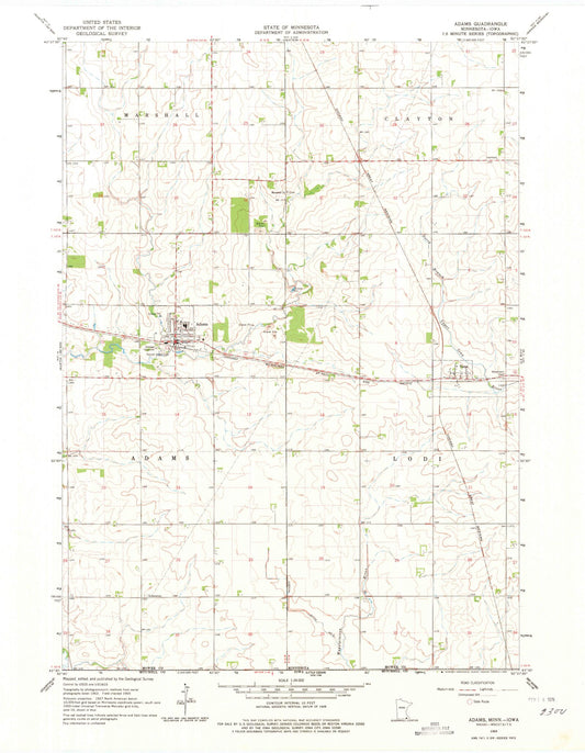 Classic USGS Adams Minnesota 7.5'x7.5' Topo Map Image