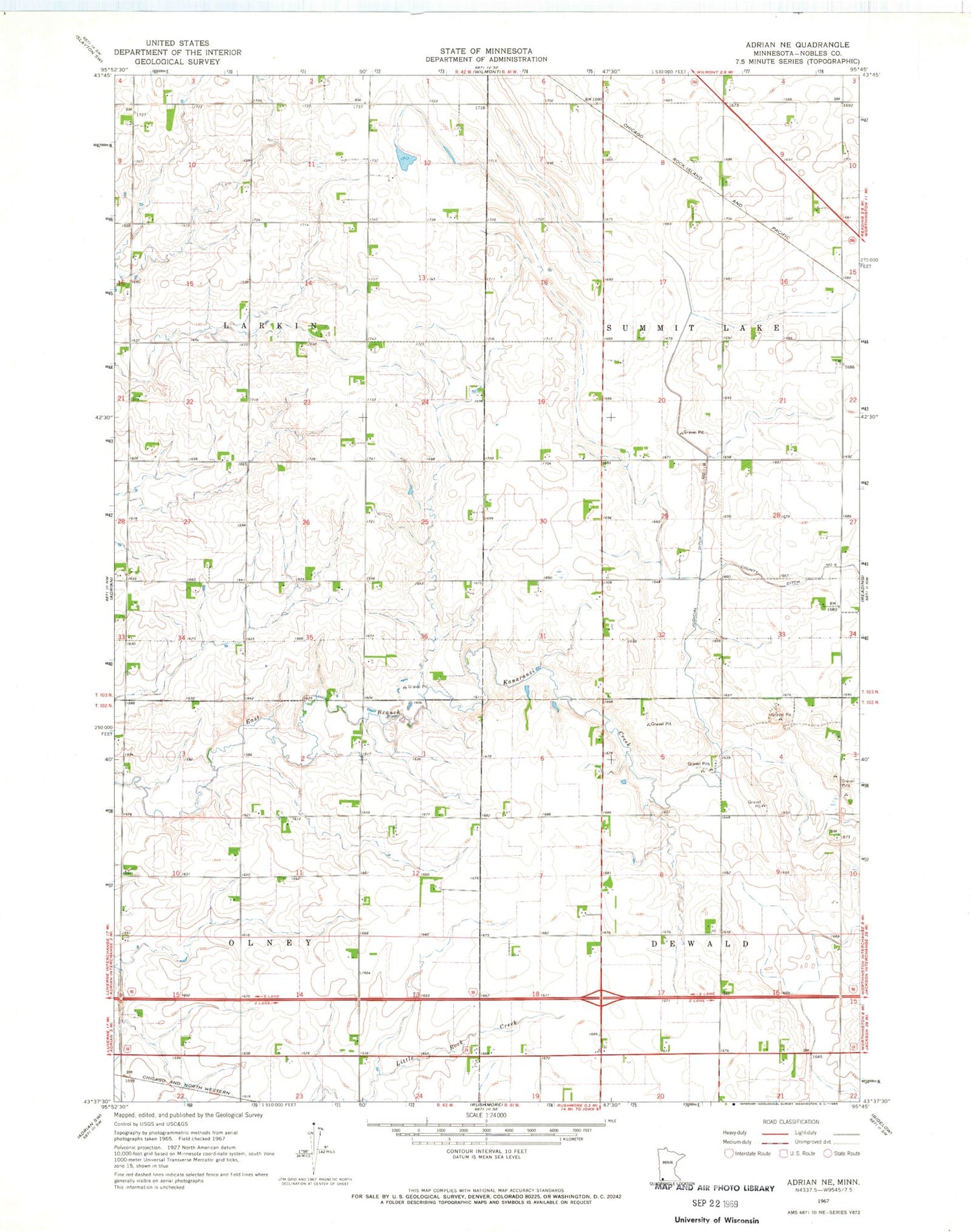Classic USGS Adrian NE Minnesota 7.5'x7.5' Topo Map Image