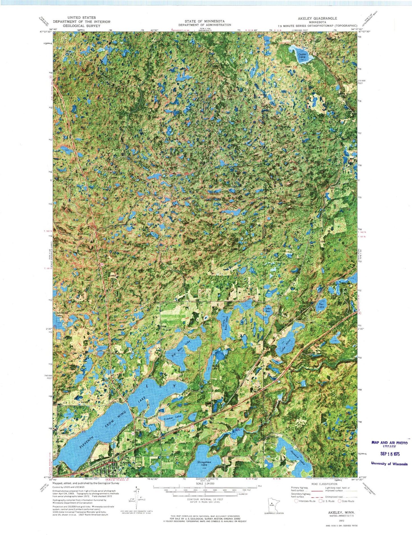 Classic USGS Akeley Minnesota 7.5'x7.5' Topo Map Image