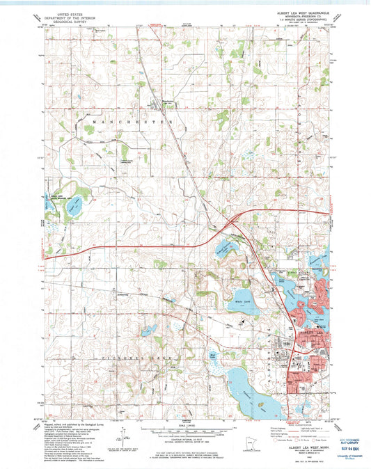 Classic USGS Albert Lea West Minnesota 7.5'x7.5' Topo Map Image