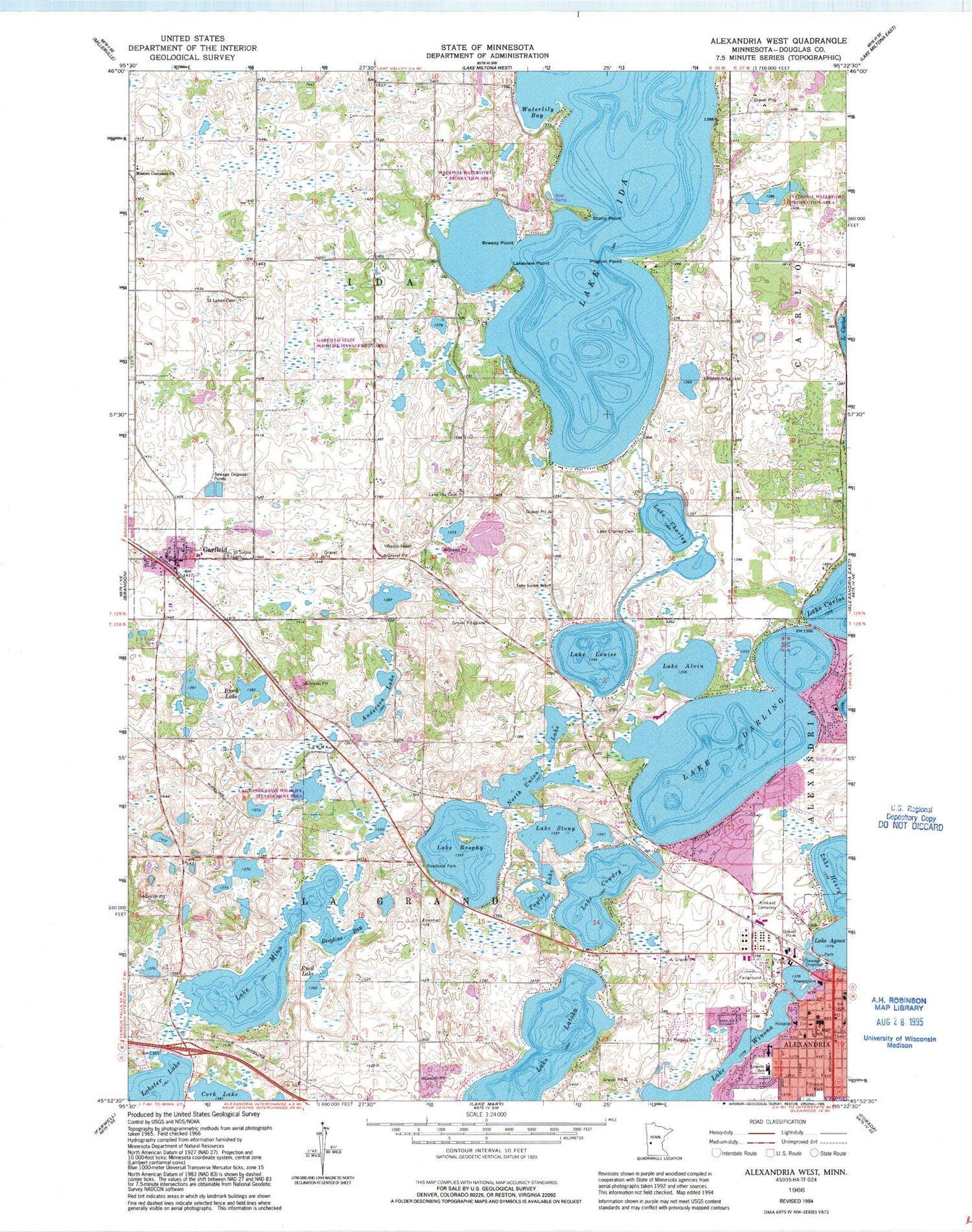 Classic USGS Alexandria West Minnesota 7.5'x7.5' Topo Map Image