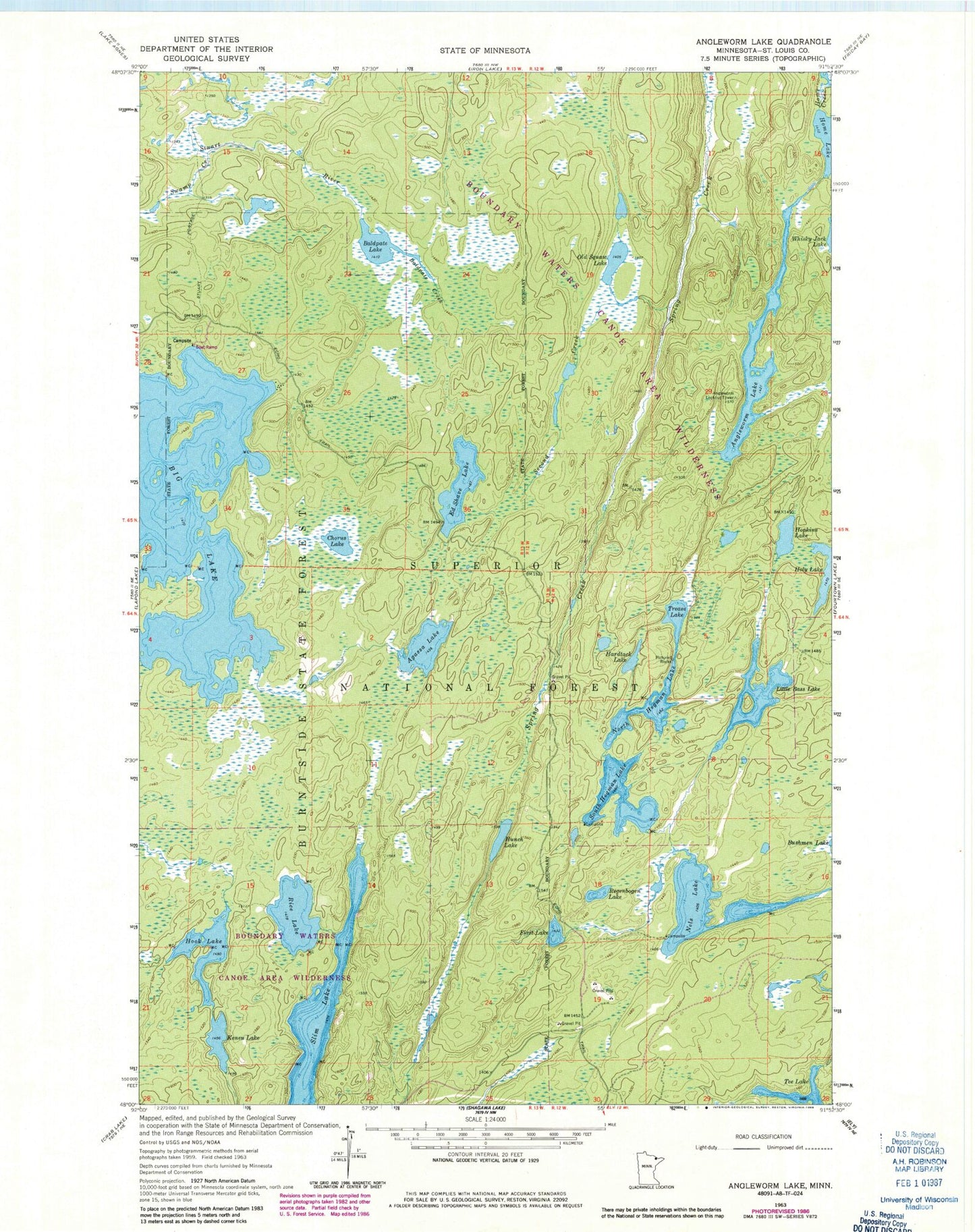 Classic USGS Angleworm Lake Minnesota 7.5'x7.5' Topo Map Image