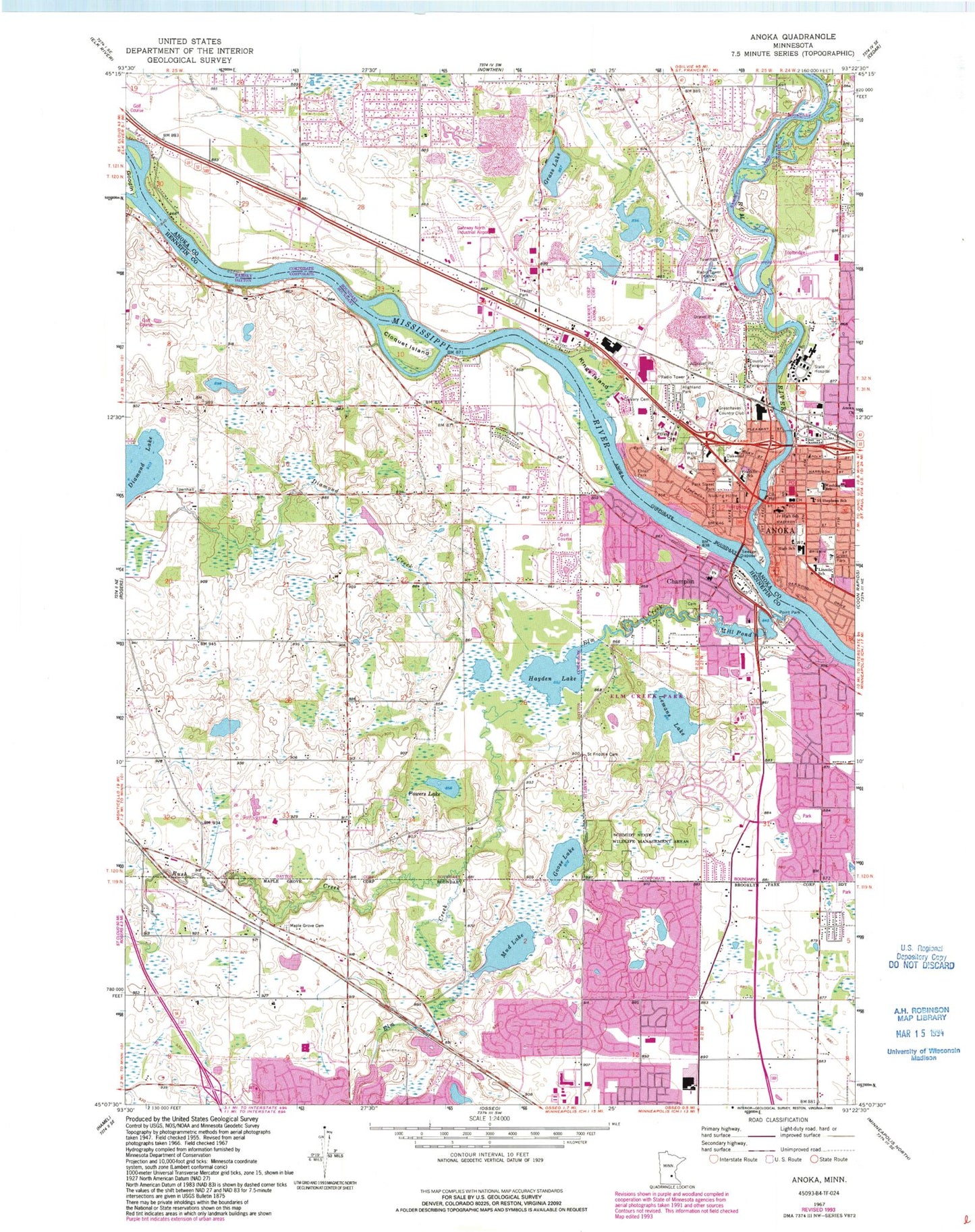 Classic USGS Anoka Minnesota 7.5'x7.5' Topo Map Image