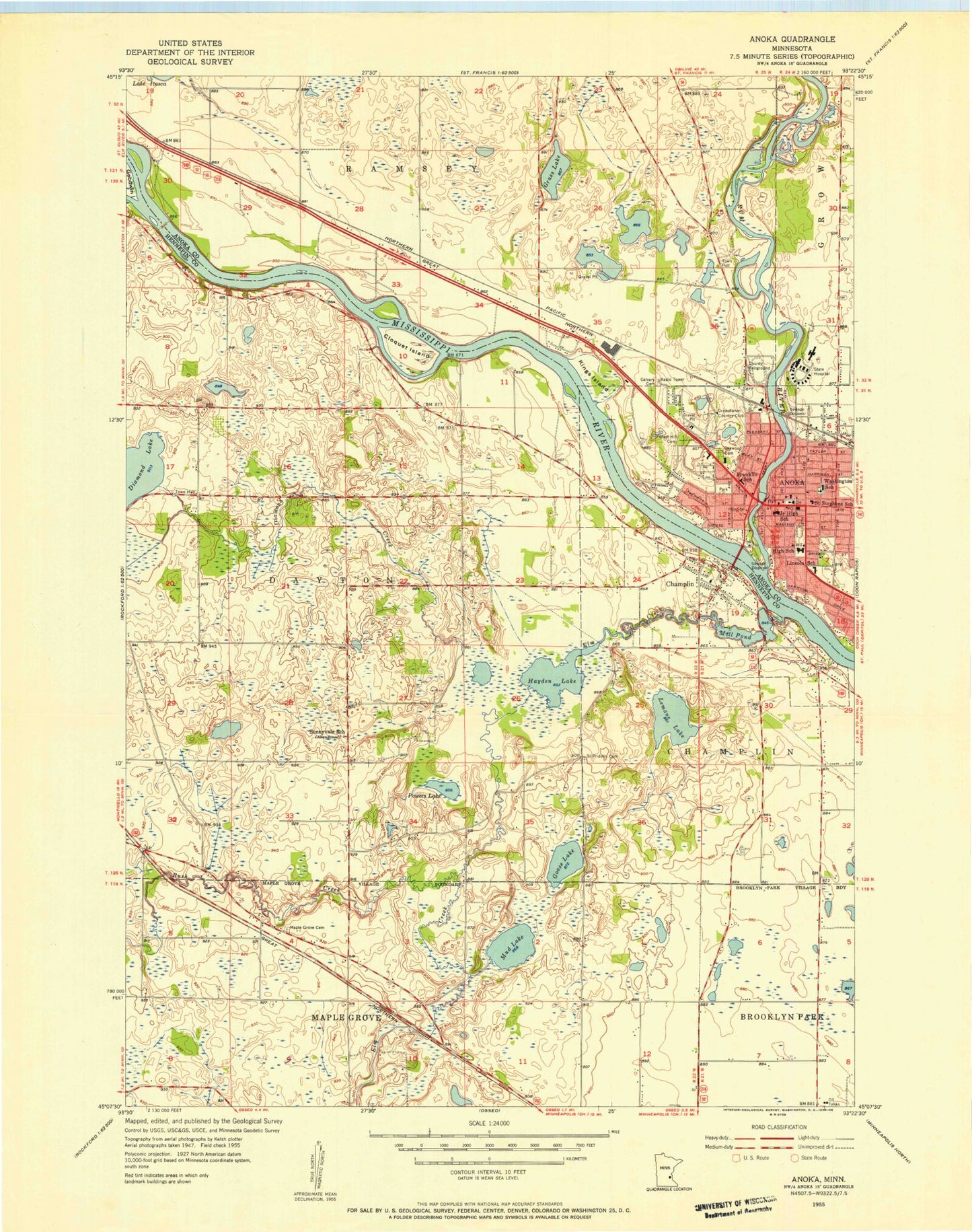 Classic USGS Anoka Minnesota 7.5'x7.5' Topo Map Image