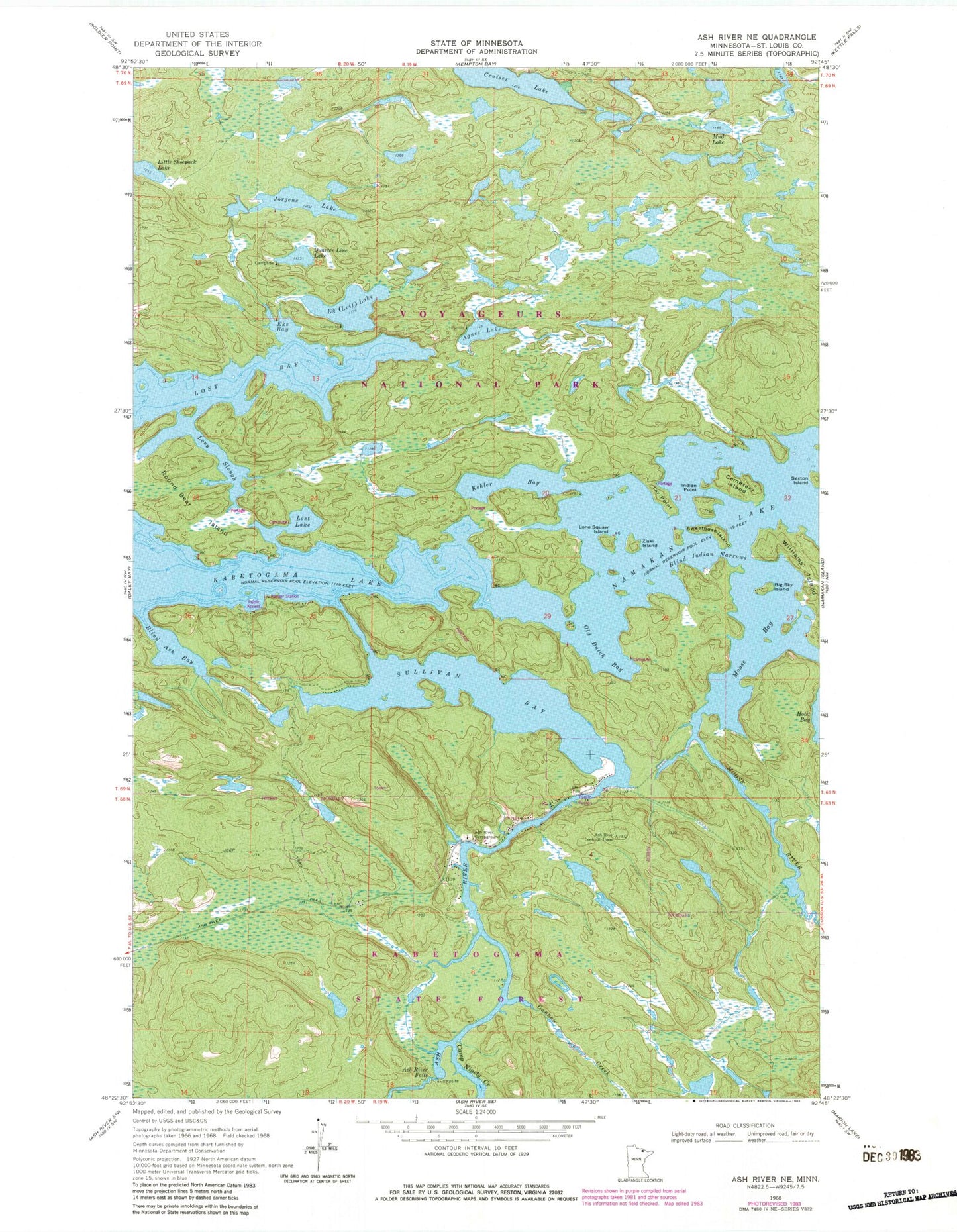 Classic USGS Ash River NE Minnesota 7.5'x7.5' Topo Map Image
