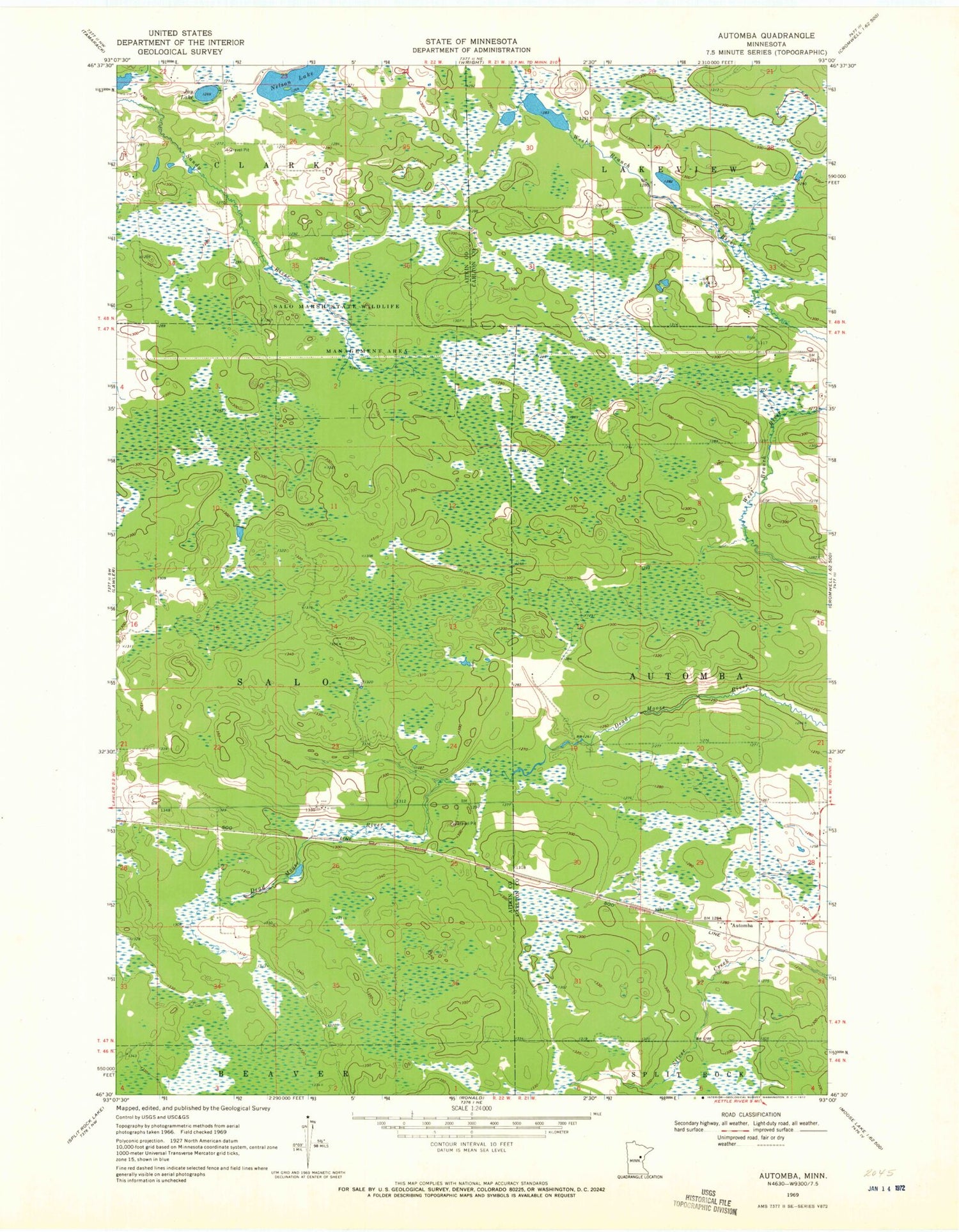 Classic USGS Automba Minnesota 7.5'x7.5' Topo Map Image