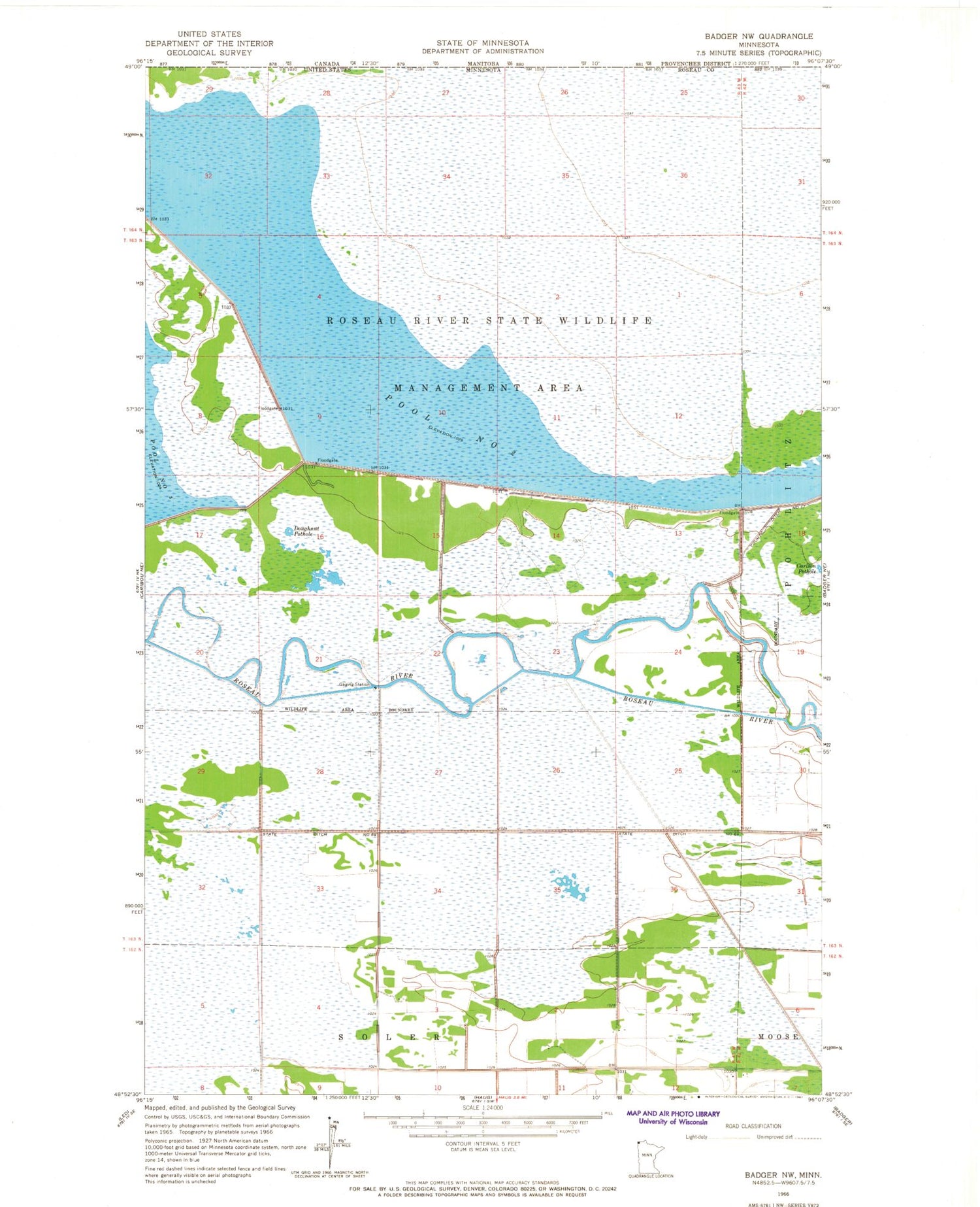 Classic USGS Badger NW Minnesota 7.5'x7.5' Topo Map Image