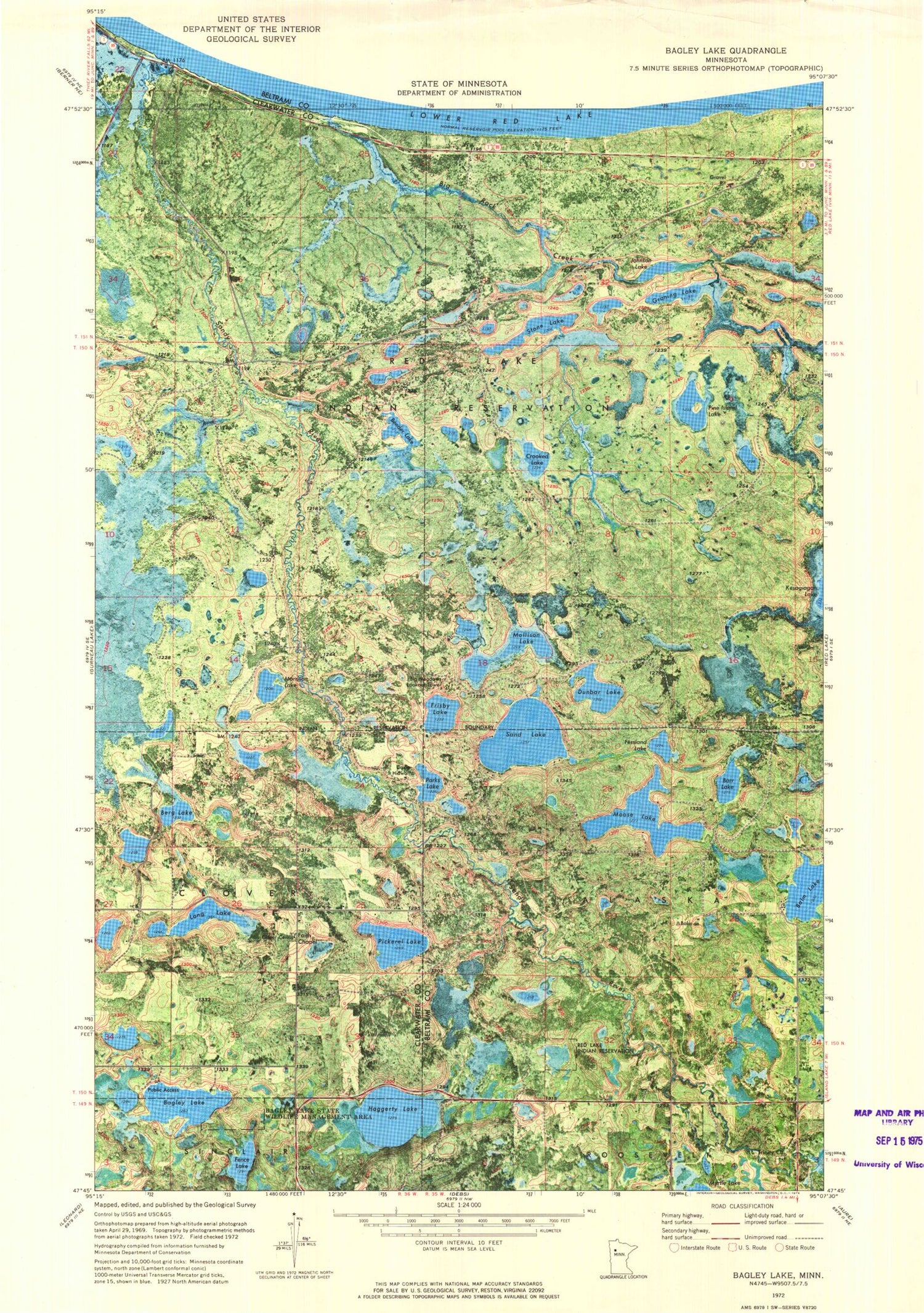 Classic USGS Bagley Lake Minnesota 7.5'x7.5' Topo Map Image