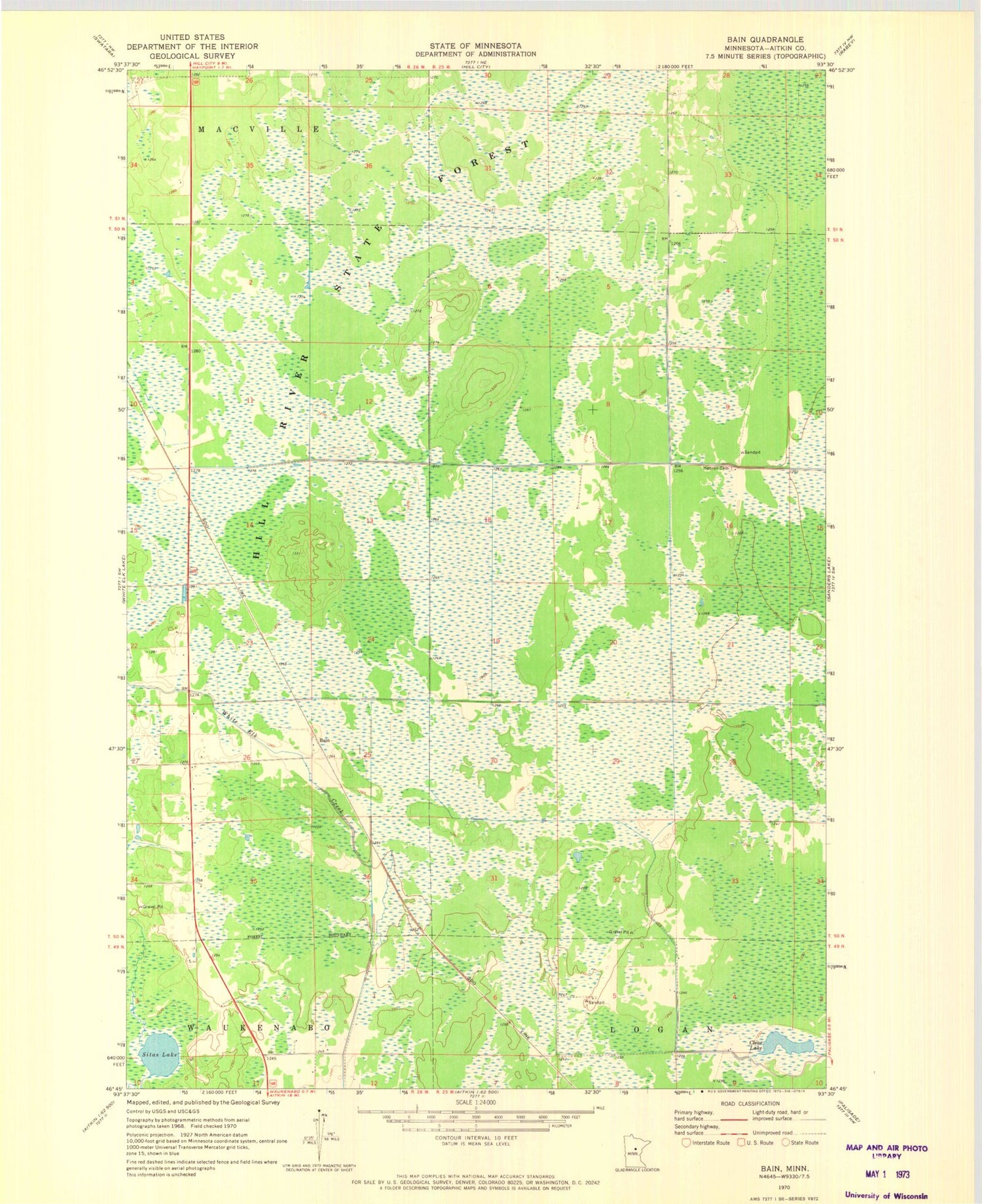 Classic USGS Bain Minnesota 7.5'x7.5' Topo Map Image