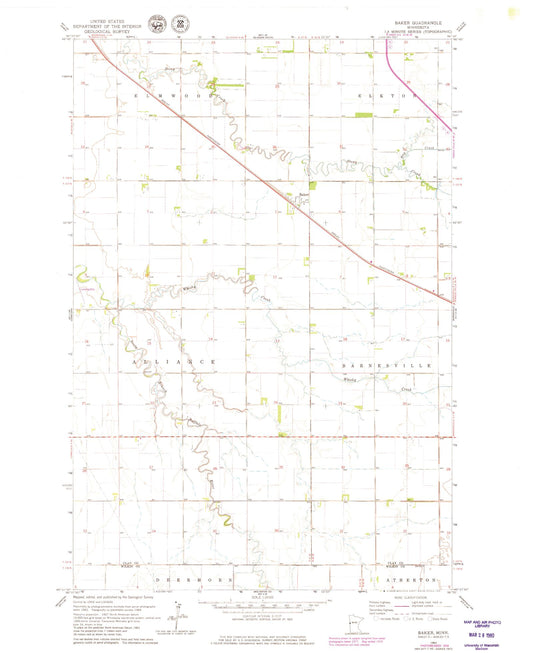 Classic USGS Baker Minnesota 7.5'x7.5' Topo Map Image