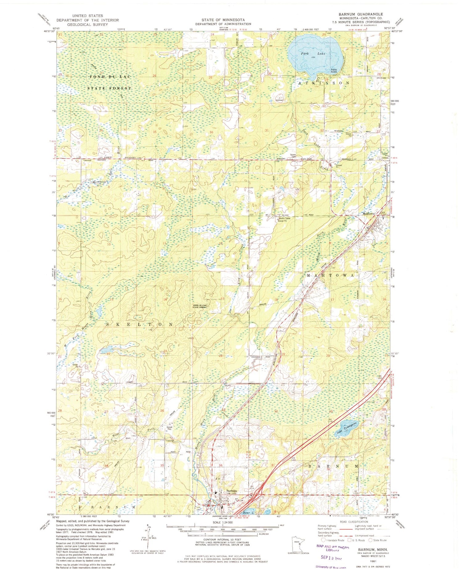 Classic USGS Barnum Minnesota 7.5'x7.5' Topo Map Image